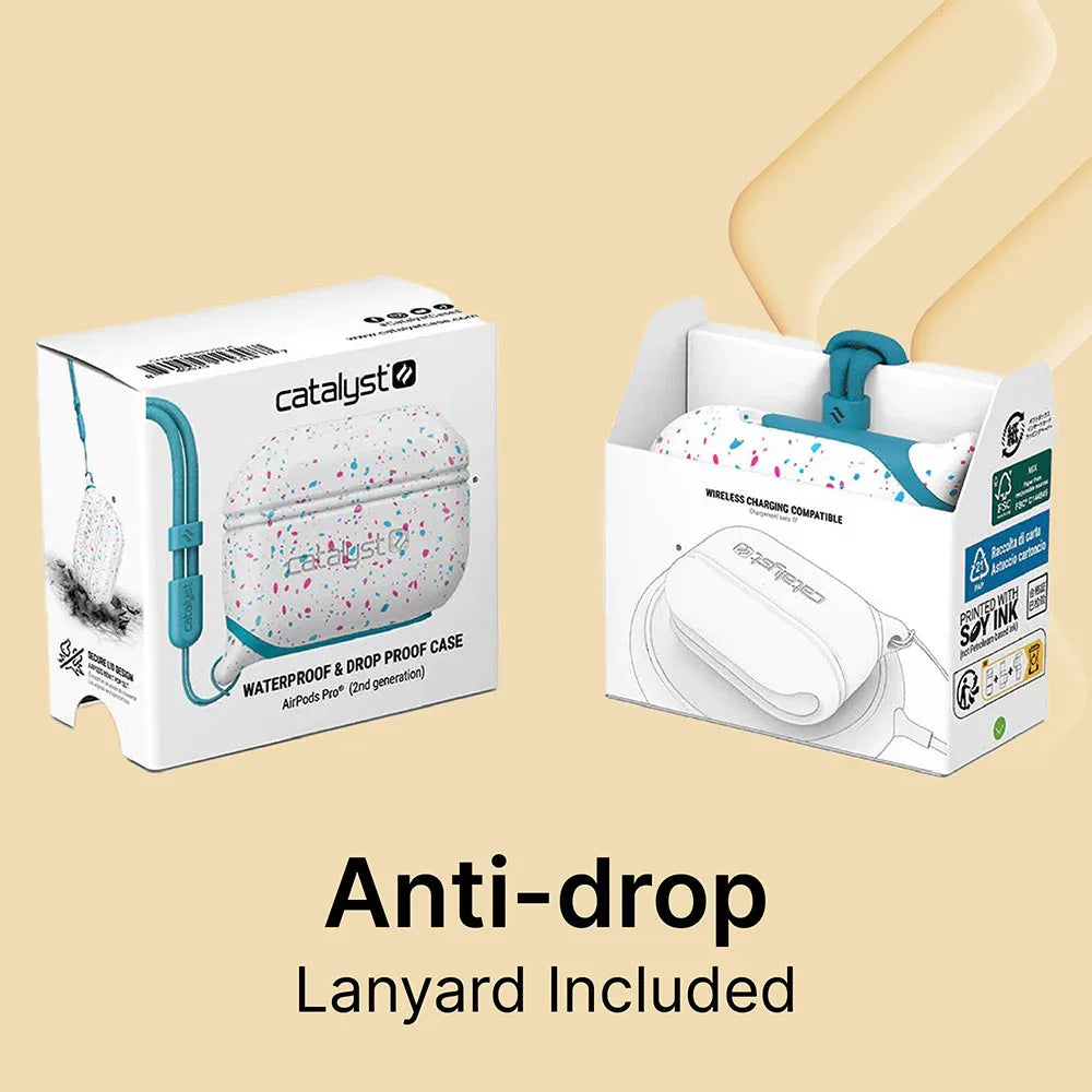 A Catalyst Case US AirPods Pro (Gen 2/1) Waterproof Case + Lanyard with a confetti pattern is displayed in packaging and opened to show the included lanyard. Text highlights: "Anti-drop. Lanyard Included." Waterproof and drop-proof features emphasized.