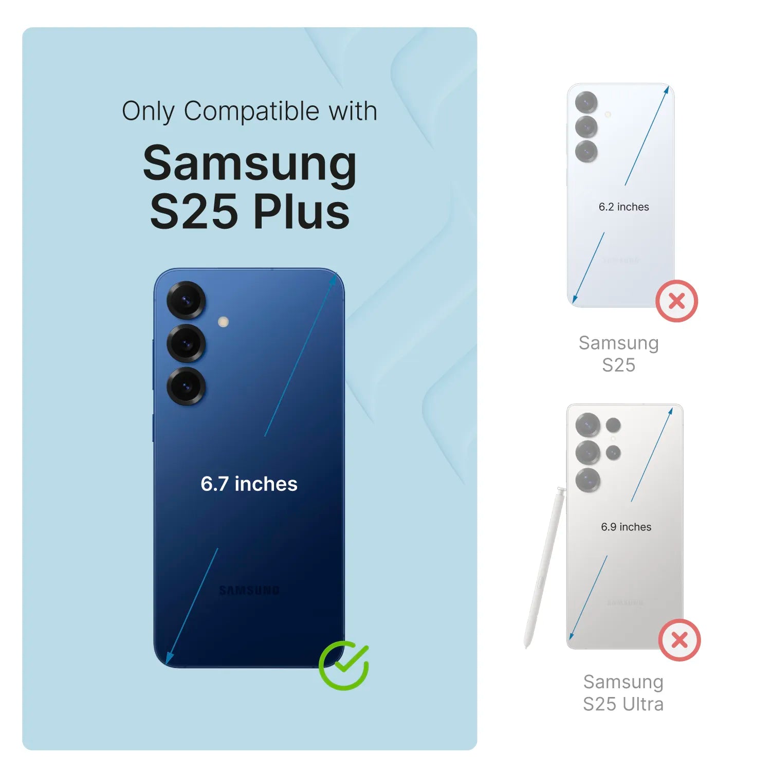 A graphic shows a blue Samsung Galaxy S25 Plus (6.7") with a green check and text “Only Compatible with Samsung Galaxy S25 Plus.” To the right, S25 (6.1") and Ultra (6.9", stylus) have red Xs. Brand: Catalyst Case US. Pre-order Impact Protection Case.