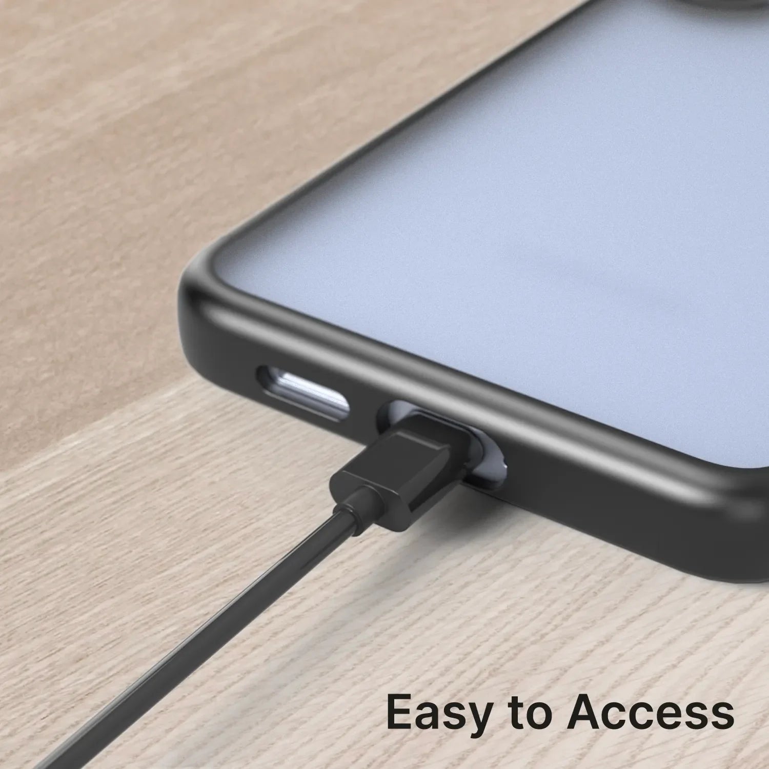 A Catalyst Case US Impact Protection Case for Samsung Galaxy S25 Plus is shown in black on a smartphone with a charging cable connected, resting on light wood. "Easy to Access" appears at the bottom right of the image. Pre-order now.
