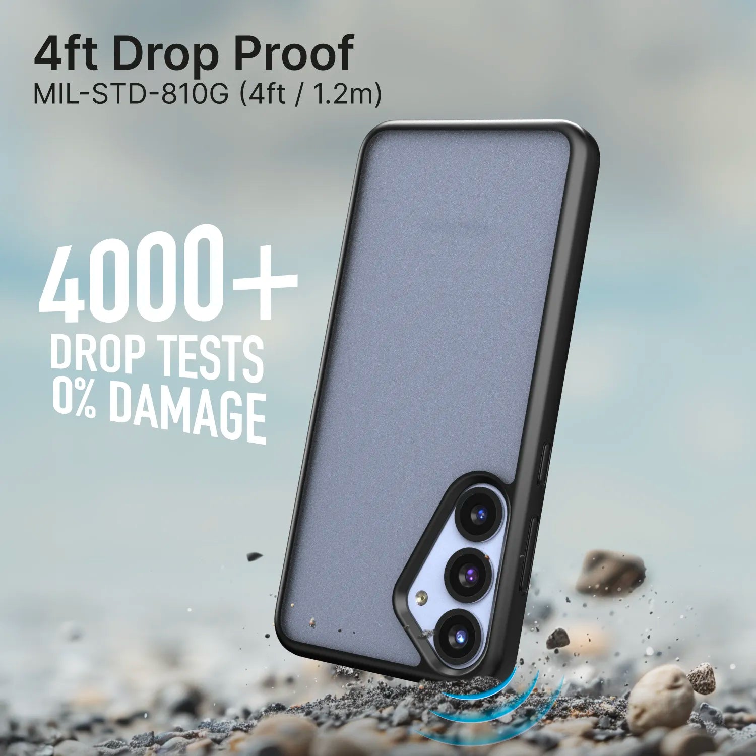A Samsung Galaxy S25 Plus with a gray Catalyst Case US Impact Protection Case lies on rocky ground, tilted as if just dropped. Text reads: "4ft Drop Proof MIL-STD-810G" and "4000+ DROP TESTS 0% DAMAGE," with blue impact lines showing durability.