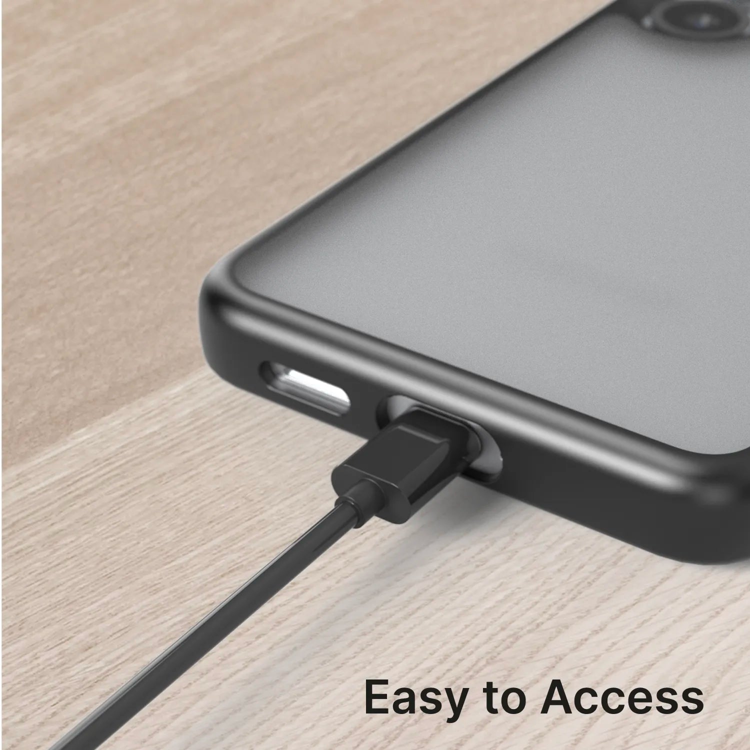 A close-up of a Samsung Galaxy S25 in the Catalyst Case US Impact Protection Case (Pre-Order) shows a charging cable plugged in on a wooden surface with "Easy to Access"—ideal for charging and protection.