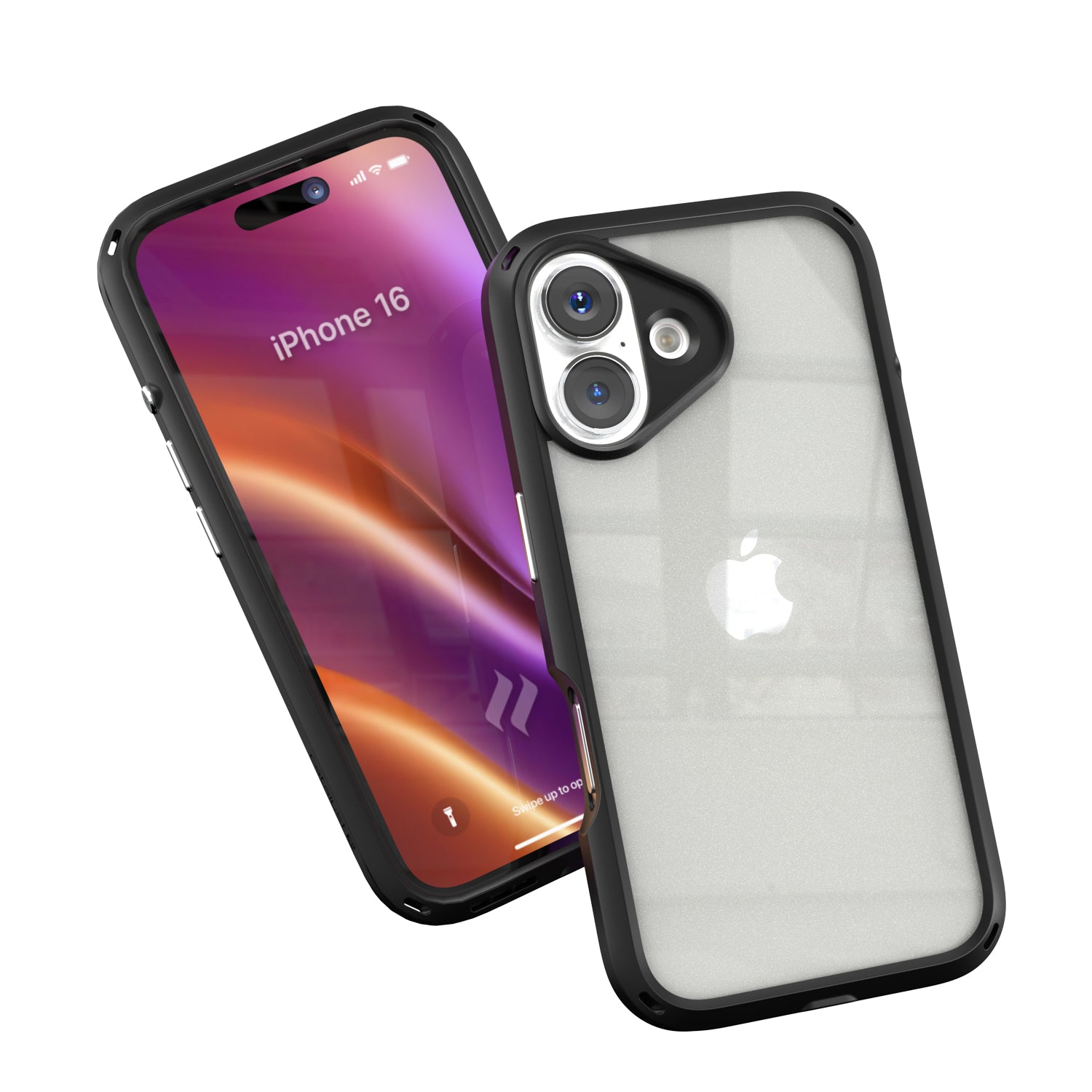 Two smartphones in Catalyst's black iPhone 16 Drop Proof Cases, one showcasing a colorful screen with the text "iPhone 16," and the other displaying the back, featuring an Apple logo and camera lenses.