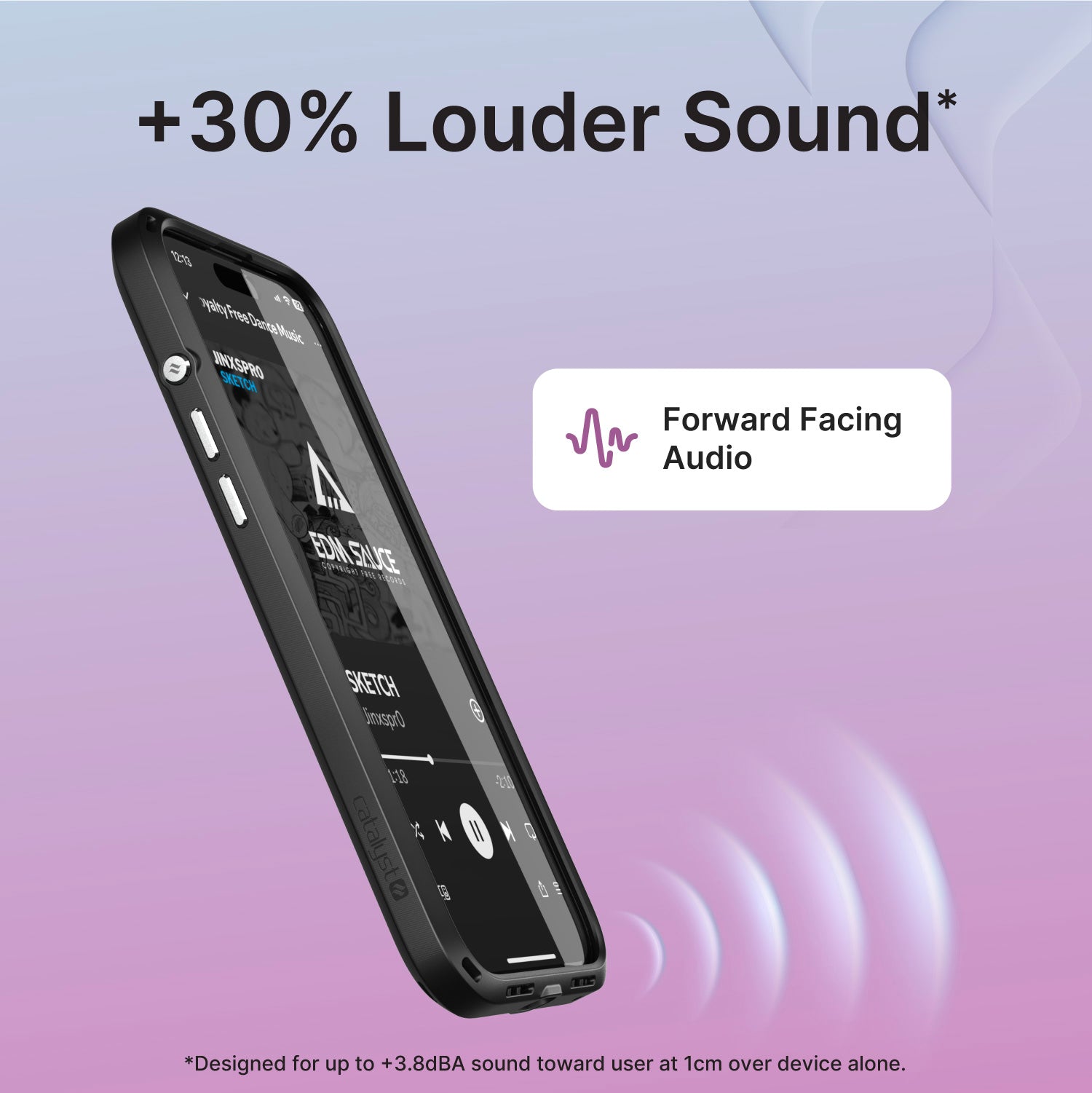 A drop-proof iPhone 16 encased in a Catalyst black case, with a music player app open on the screen. The text reads "+30% Louder Sound* - Forward Facing Audio." The background is a gradient of pink and purple shades.