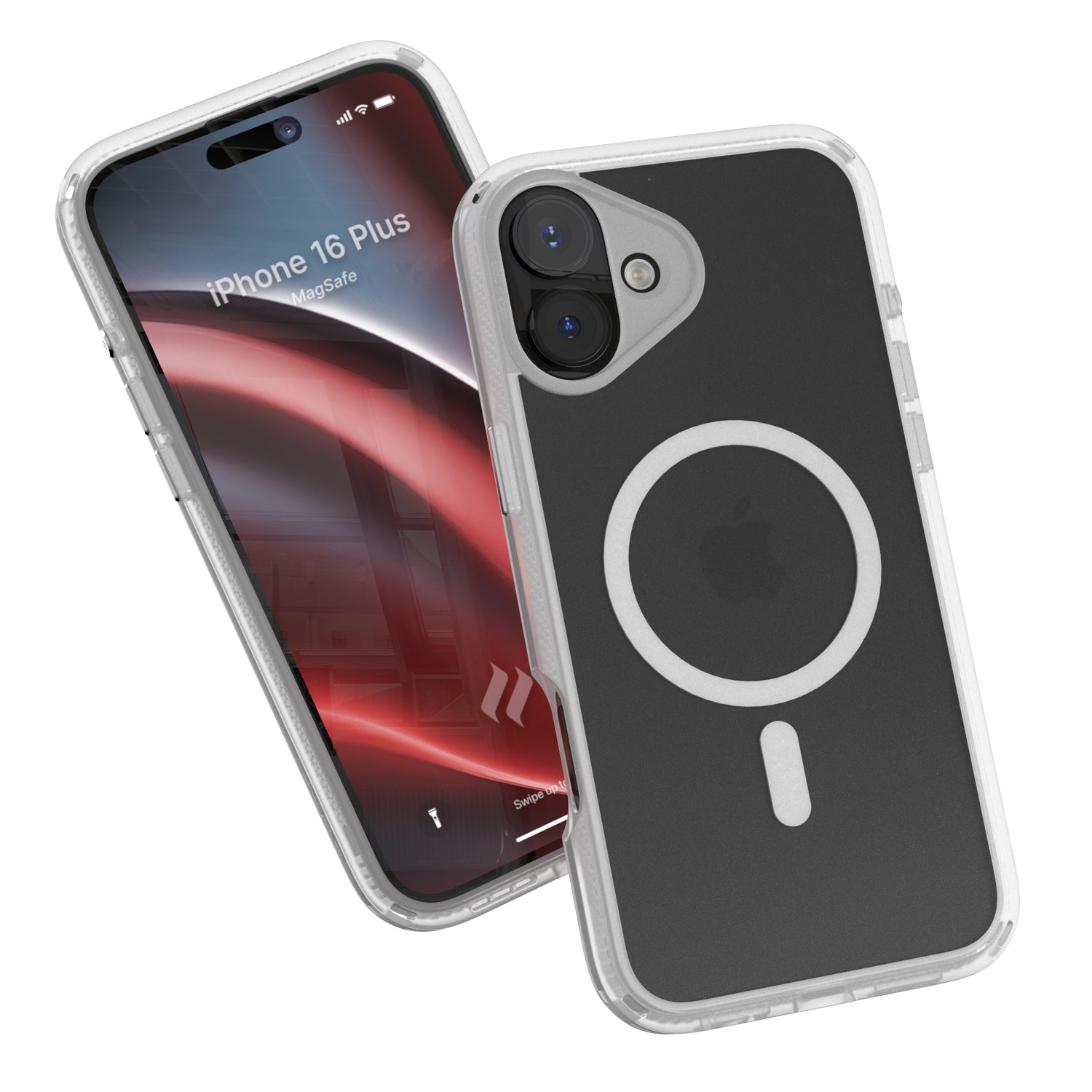 Two smartphones in Catalyst's clear iPhone 16 Plus Drop Proof Cases, MagSafe Compatible, one showcasing a colorful screen with the text "iPhone 16 Plus'," and the other displaying the back, featuring an Apple logo and camera lenses.