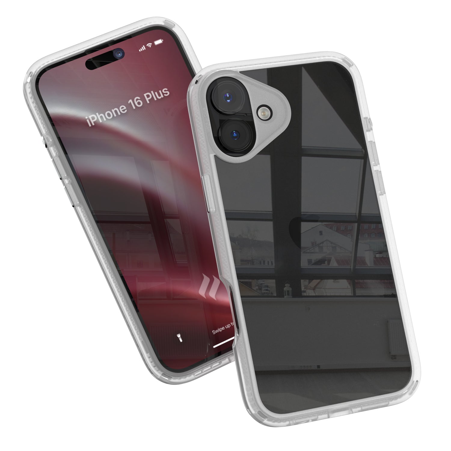 Two smartphones in Catalyst's clear iPhone 16 Plus Drop Proof Cases, one showcasing a colorful screen with the text "iPhone 16'," and the other displaying the back, featuring an Apple logo and camera lenses.