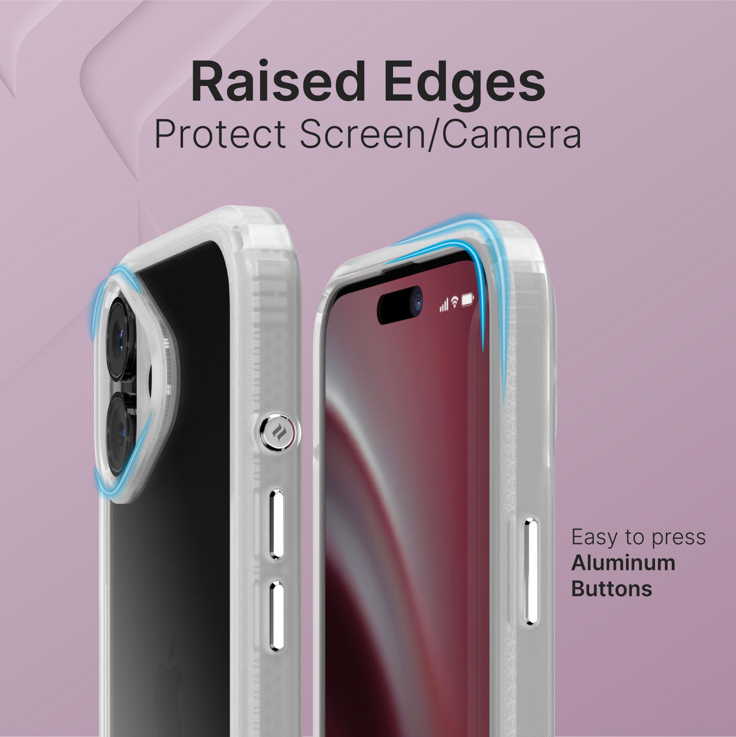 Close-up of the Catalyst iPhone 16 Plus - Drop Proof Case in clear, showcasing its raised edges designed to protect the screen and camera, and highlighting its easy-to-press aluminum buttons.