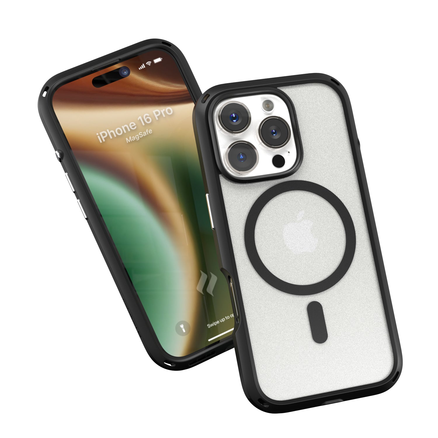 Two smartphones in Catalyst's black iPhone 16 Pro Drop Proof Cases, MagSafe Compatible, one showcasing a colorful screen with the text "iPhone 16 Pro'," and the other displaying the back, featuring an Apple logo and camera lenses.