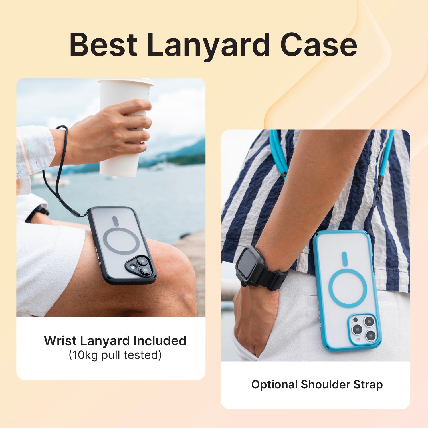 Two images showcase Catalyst's Drop Proof Case for smartphones. Left: A person holding a drink with their phone with a black drop proof case attached to a wrist lanyard. Right: A person in a striped outfit wearing their phone with a blue drop proof case attached on an optional shoulder strap.