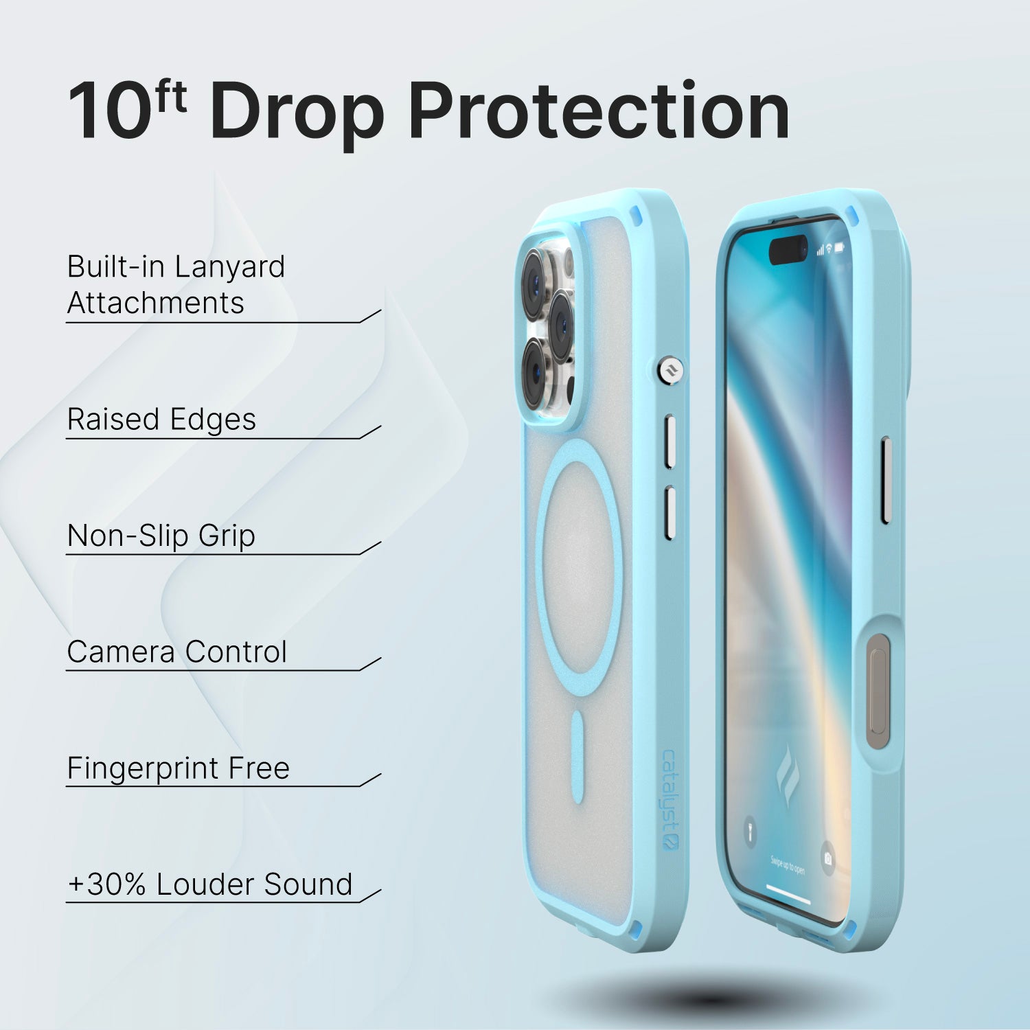 The Catalyst iPhone 16 Pro Drop Proof Case, MagSafe Compatible in sky blue is displayed from both the back and front, showcasing features such as 10ft drop proof protection, built-in lanyard attachments, raised edges for screen and camera protection, a non-slip grip design, works with Camera Control, and enhancement of sound quality.