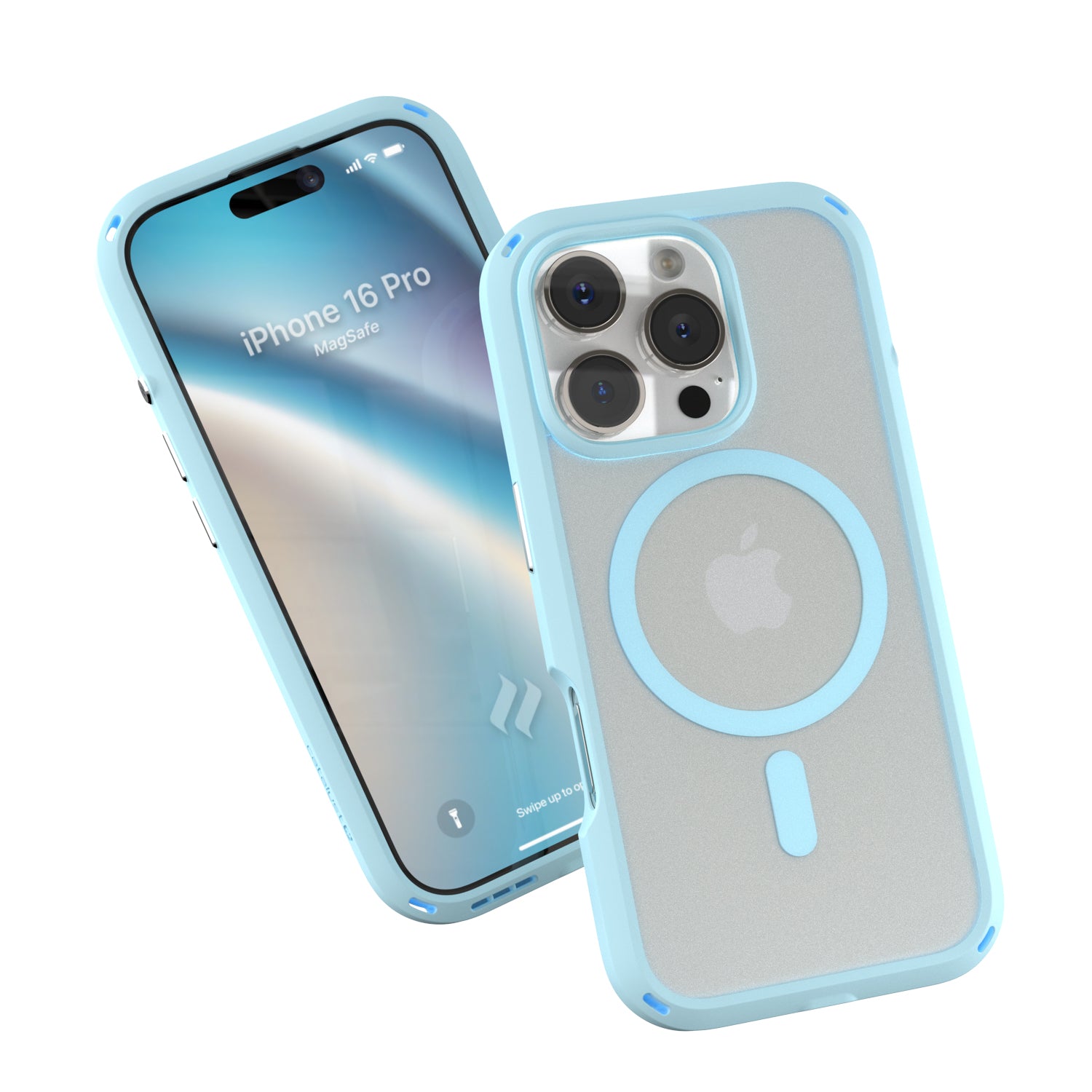 Two smartphones in Catalyst's sky blue iPhone 16 Pro Drop Proof Cases, MagSafe Compatible, one showcasing a colorful screen with the text "iPhone 16 Pro'," and the other displaying the back, featuring an Apple logo and camera lenses.