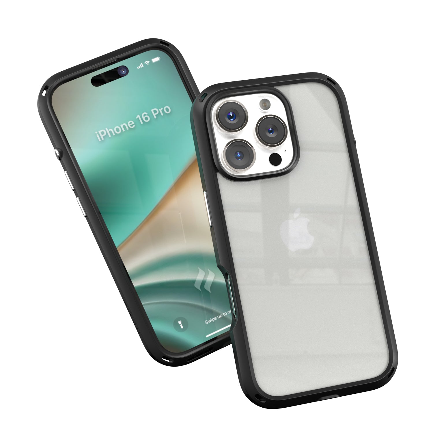 Two smartphones in Catalyst's black iPhone 16 Pro Drop Proof Cases, one showcasing a colorful screen with the text "iPhone 16'," and the other displaying the back, featuring an Apple logo and camera lenses.