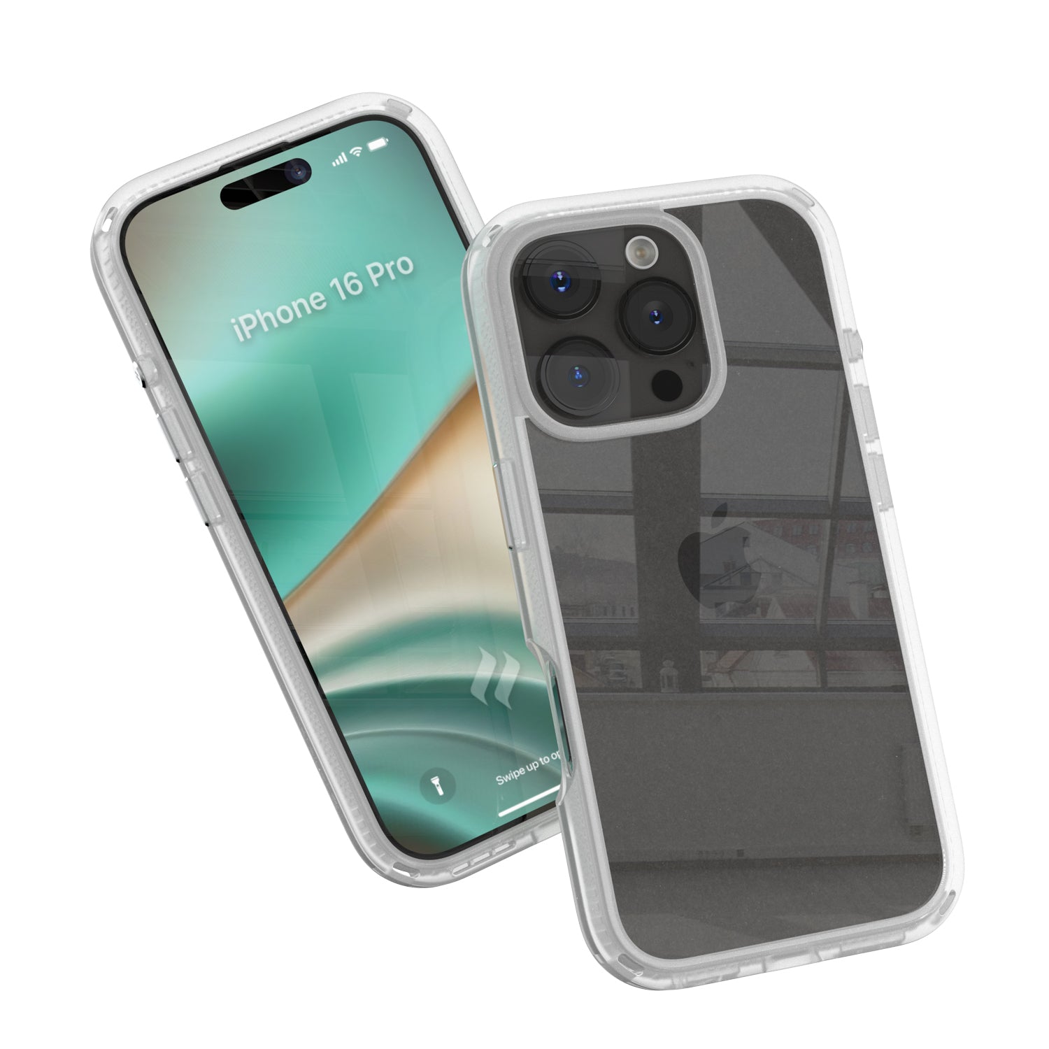 Two smartphones in Catalyst's clear iPhone 16 Pro Drop Proof Cases, one showcasing a colorful screen with the text "iPhone 16'," and the other displaying the back, featuring an Apple logo and camera lenses.