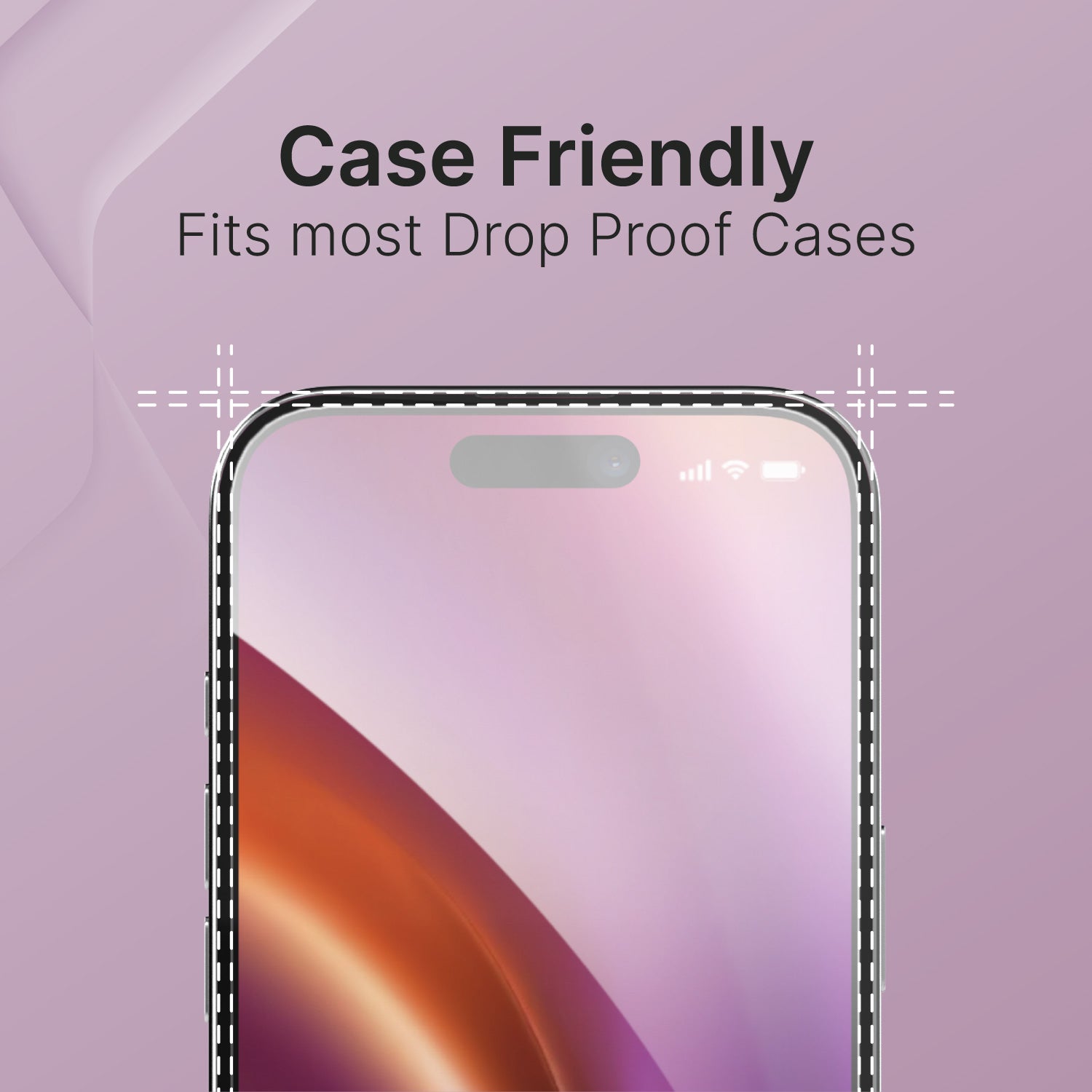 Close-up of an iPhone screen featuring the Tempered Glass Screen Protector, known for being "case friendly" and compatible with most drop-proof cases. The backdrop showcases a gradient of soft purple hues.