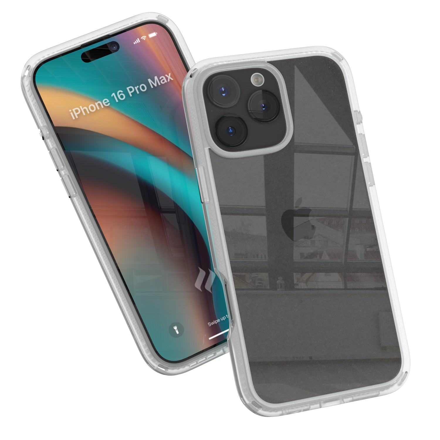 Two smartphones in Catalyst's clear iPhone 16 Pro Max Drop Proof Cases, one showcasing a colorful screen with the text "iPhone 16 Pro Max'," and the other displaying the back, featuring an Apple logo and camera lenses.