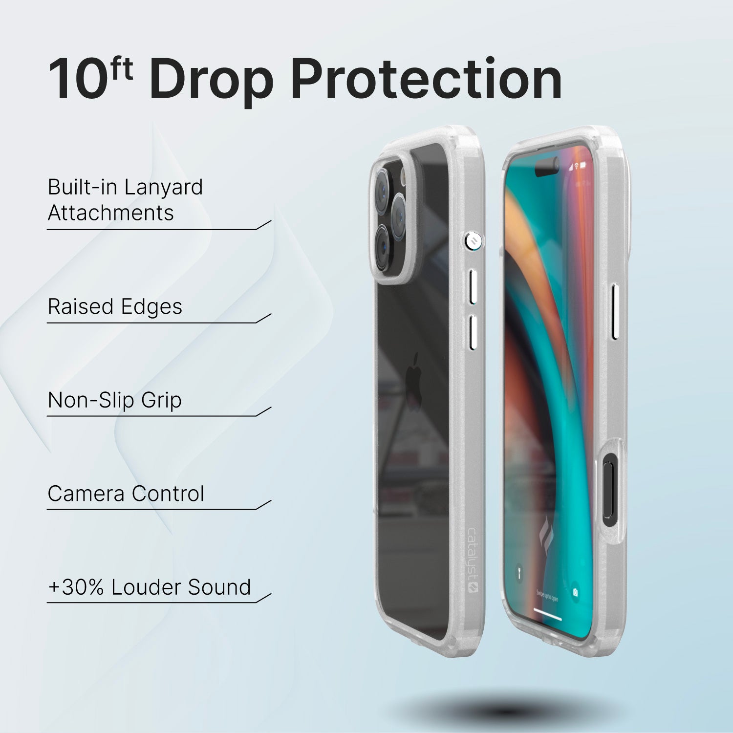 The Catalyst iPhone 16 Pro Max Drop Proof Case in clear is displayed from both the back and front, showcasing features such as 10ft drop proof protection, built-in lanyard attachments, raised edges for screen and camera protection, a non-slip grip design, works with Camera Control, and enhancement of sound quality.