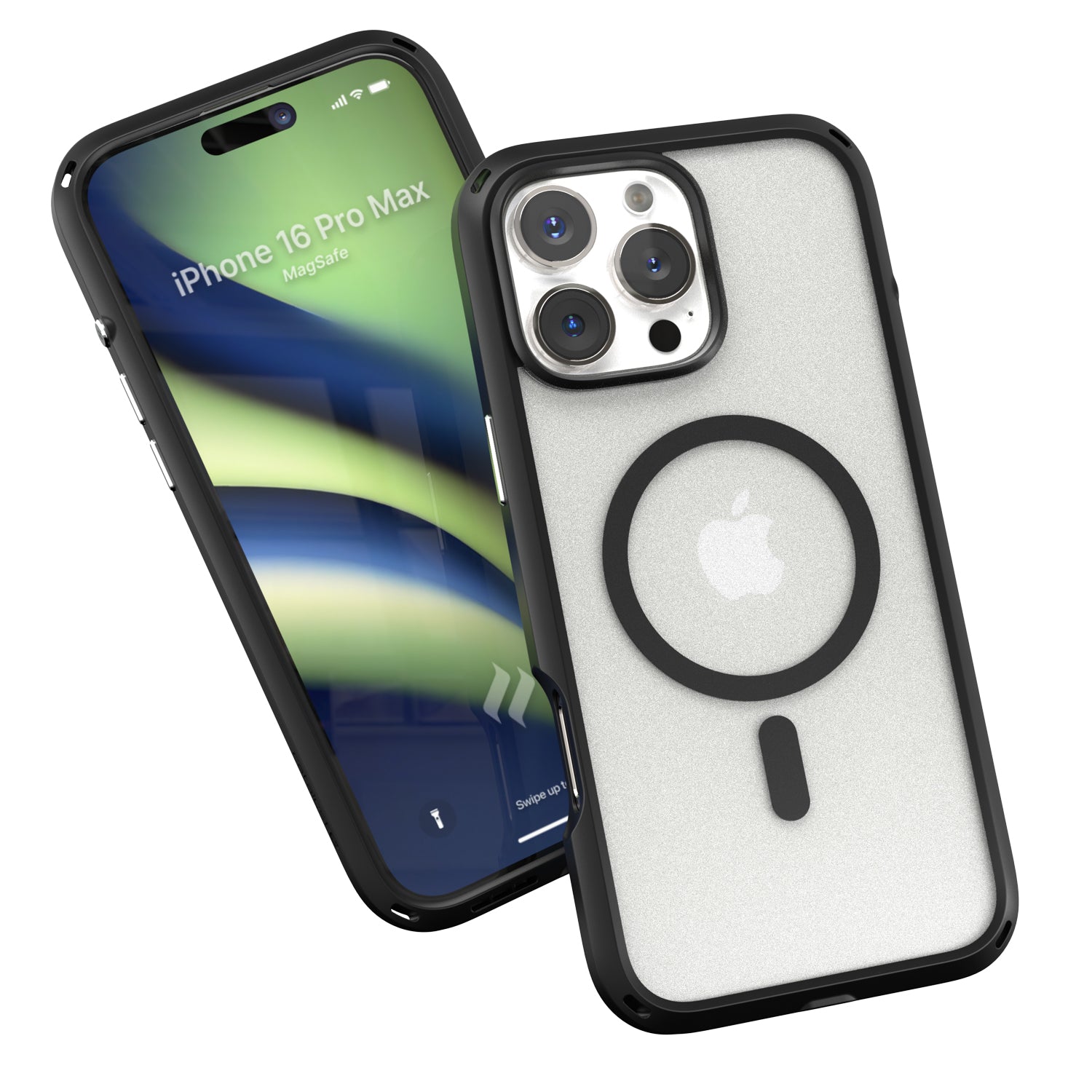 Two smartphones in Catalyst's black iPhone 16 Pro Max Drop Proof Cases, MagSafe Compatible, one showcasing a colorful screen with the text "iPhone 16 Pro Max'," and the other displaying the back, featuring an Apple logo and camera lenses.