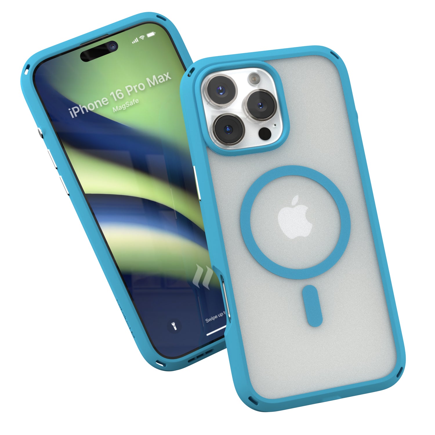 Two smartphones in Catalyst's ocean blue iPhone 16 Pro Max Drop Proof Cases, MagSafe Compatible, one showcasing a colorful screen with the text "iPhone 16 Pro Max'," and the other displaying the back, featuring an Apple logo and camera lenses.