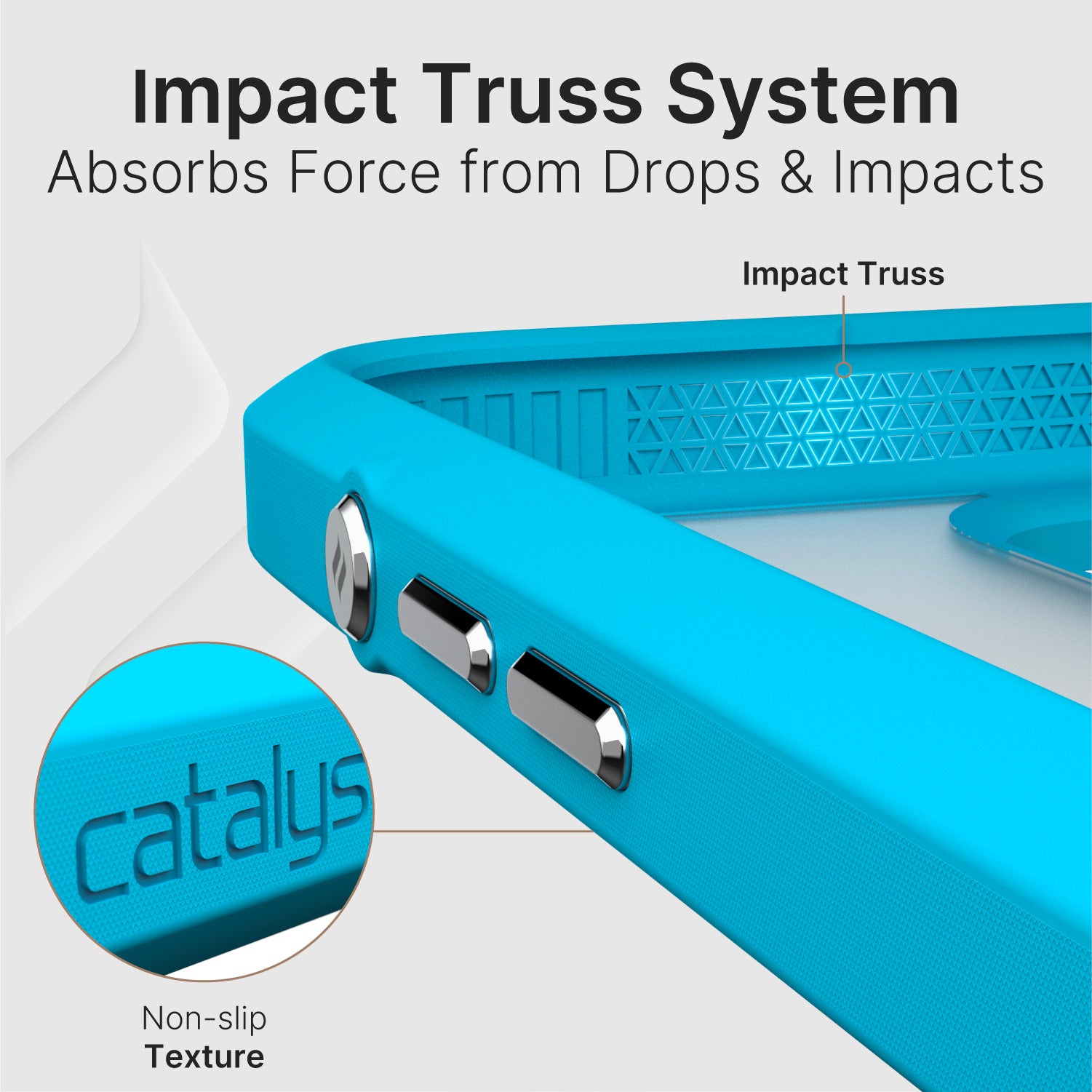 Close-up of the Catalyst iPhone 16 Pro Max - Drop Proof Case, MagSafe Compatible in ocean blue, highlighting its impact truss system and non-slip texture, engineered to absorb force from drops and impacts.