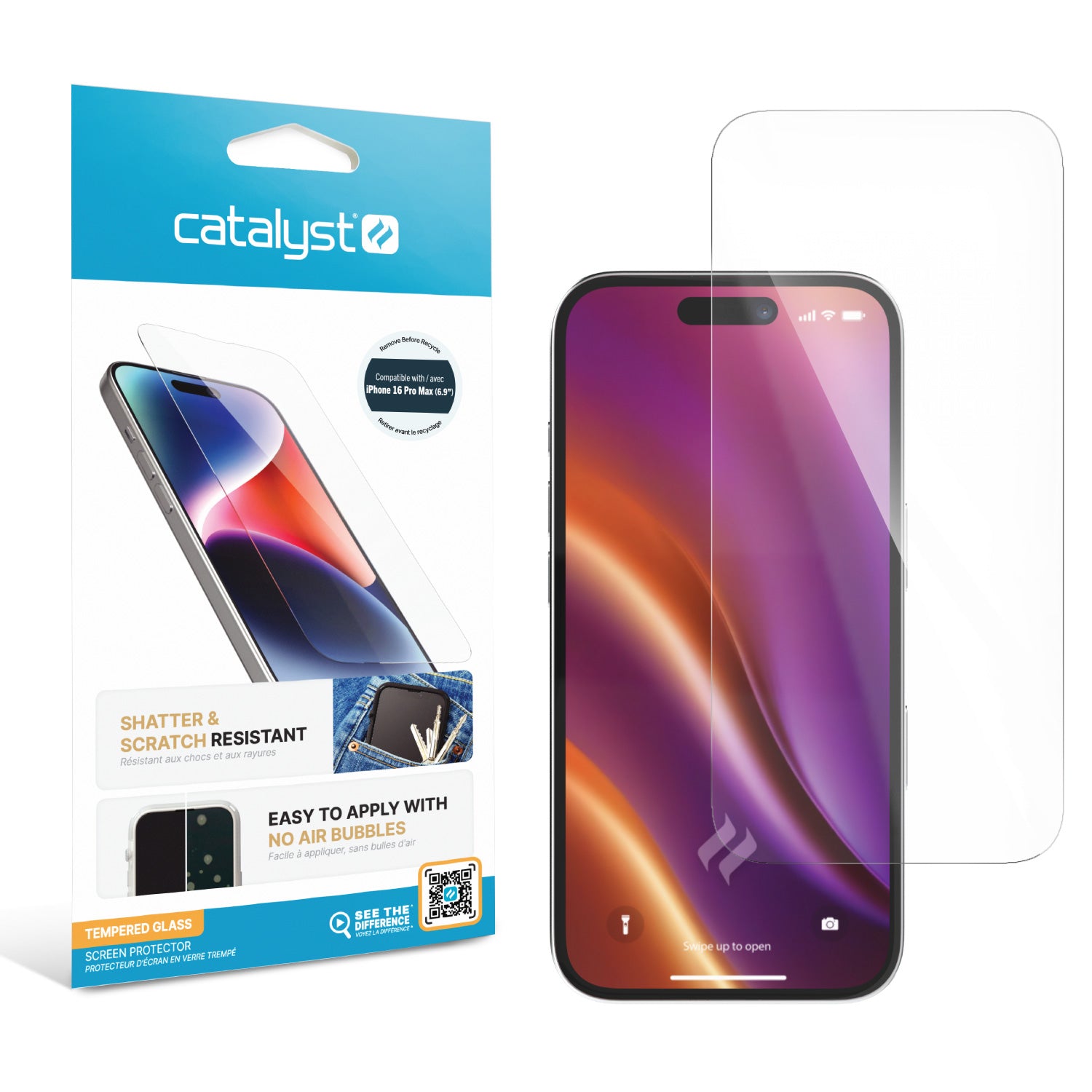 A scratch-resistant iPhone 16 Pro Max - Tempered Glass Screen Protector from Catalyst, displayed next to its packaging and an iPhone. The packaging emphasizes features like shatter resistance and bubble-free application.