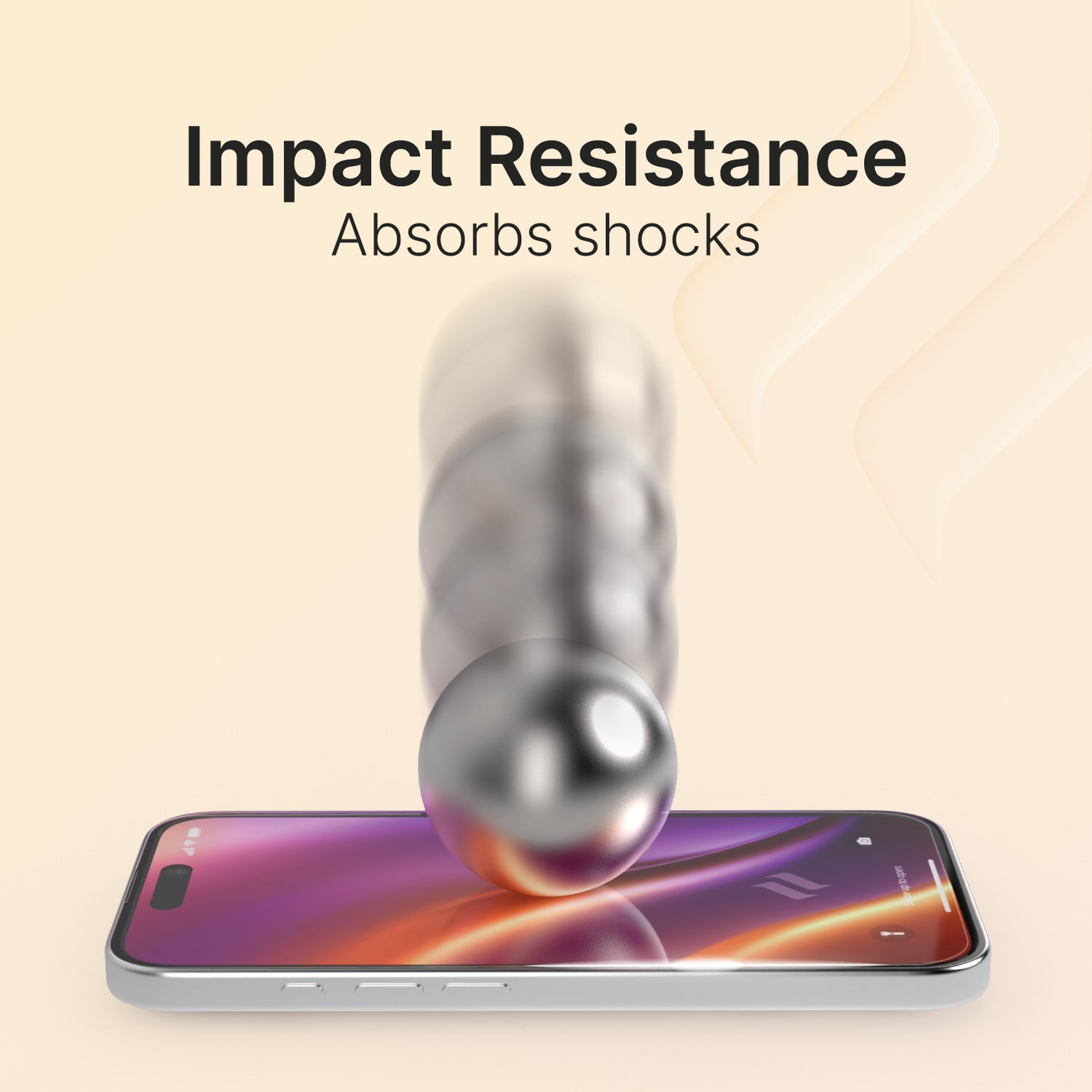 A silver ball bounces off the Tempered Glass Screen Protector, demonstrating its "Impact Resistance Absorbs Shocks" feature.