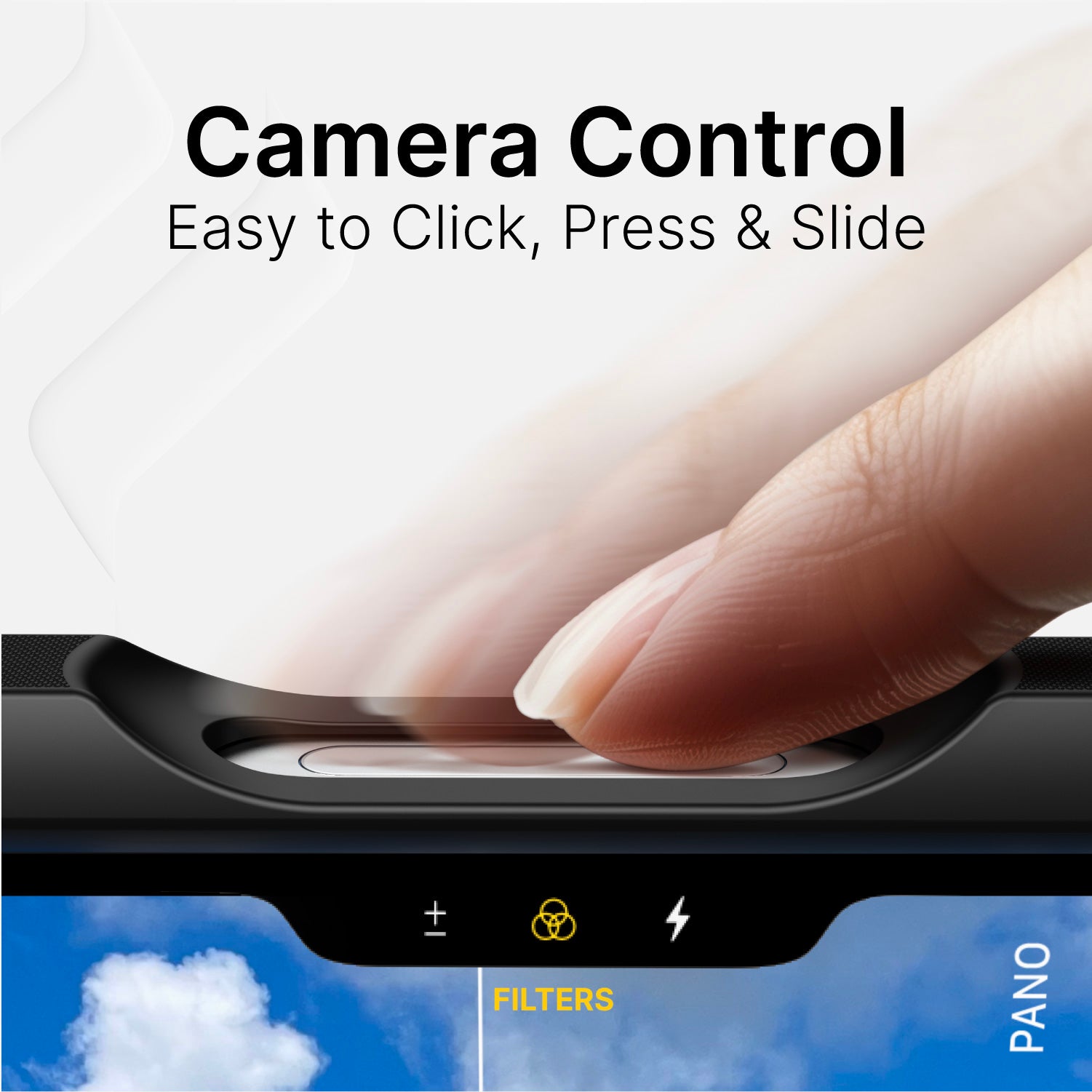 A person holds an iPhone 16 with a Catalyst Drop Proof Case in black, pressing on the Camera Control button. The text "Camera Control Easy to to Click, Press & Slide" is displayed at the top of the image.