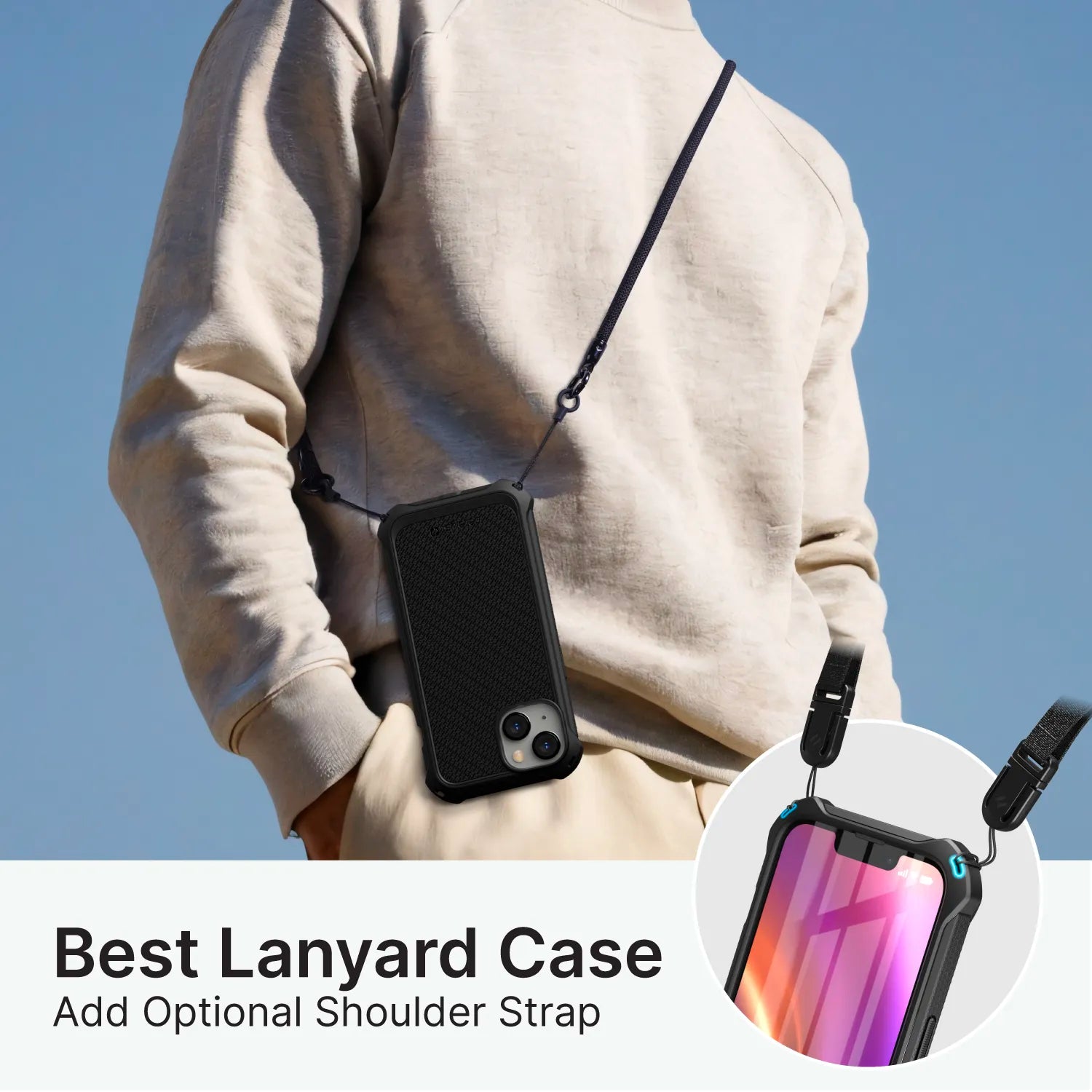 A person in a beige sweatshirt wears the Catalyst Case US iPhone 14 Plus Crux Case, MagSafe compatible, crossbody with a durable black drop-proof lanyard and removable shoulder strap clips. Inset shows phone case, colorful screen; supports wireless charging.