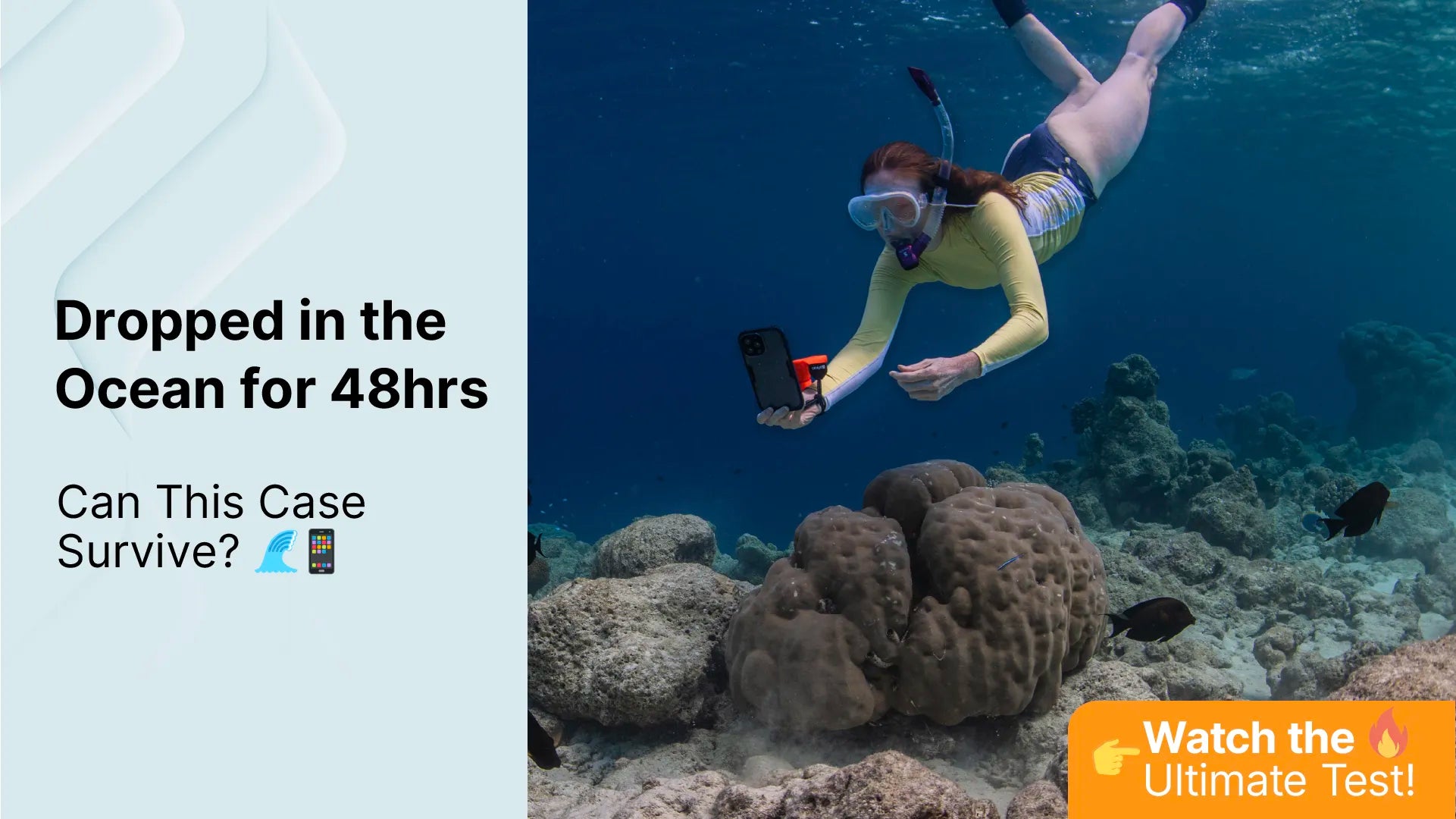 A snorkeler in yellow gear holds a phone underwater near coral, testing the Catalyst iPhone Waterproof Case. Text on the left reads, "Dropped in the Ocean for 48hrs. Can This Case Survive?