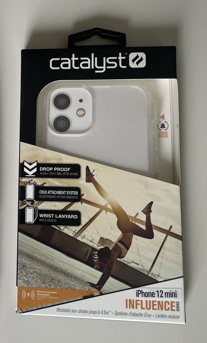 Front view of the clear Catalyst Influence Case for the iPhone 12 mini, engineered with military-grade drop protection, a distinctive attachment system, and an included wrist lanyard.