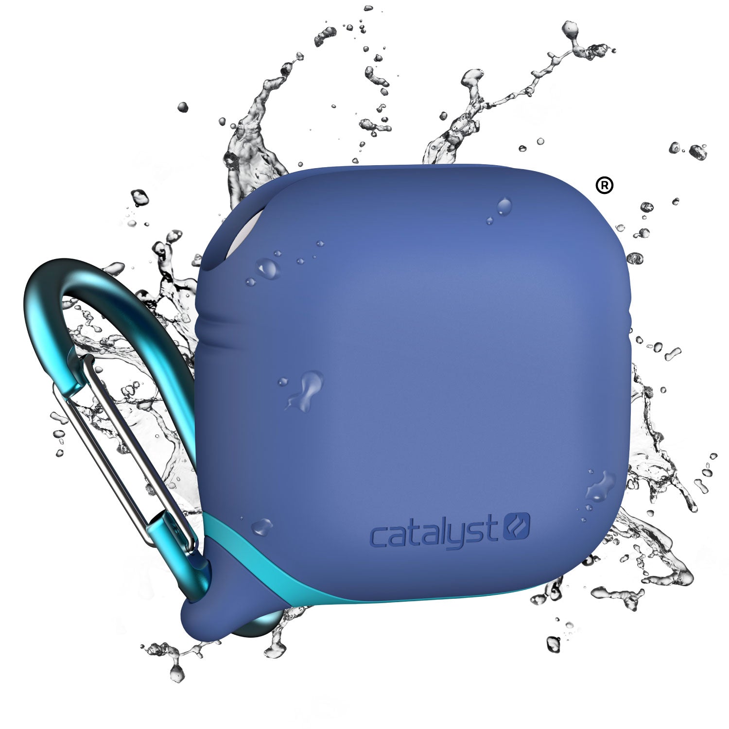 The Catalyst AirPods (Gen 4) Waterproof Case in indigo blue with Carabiner is showcased surrounded by water splashes, highlighting its water-resistant features.