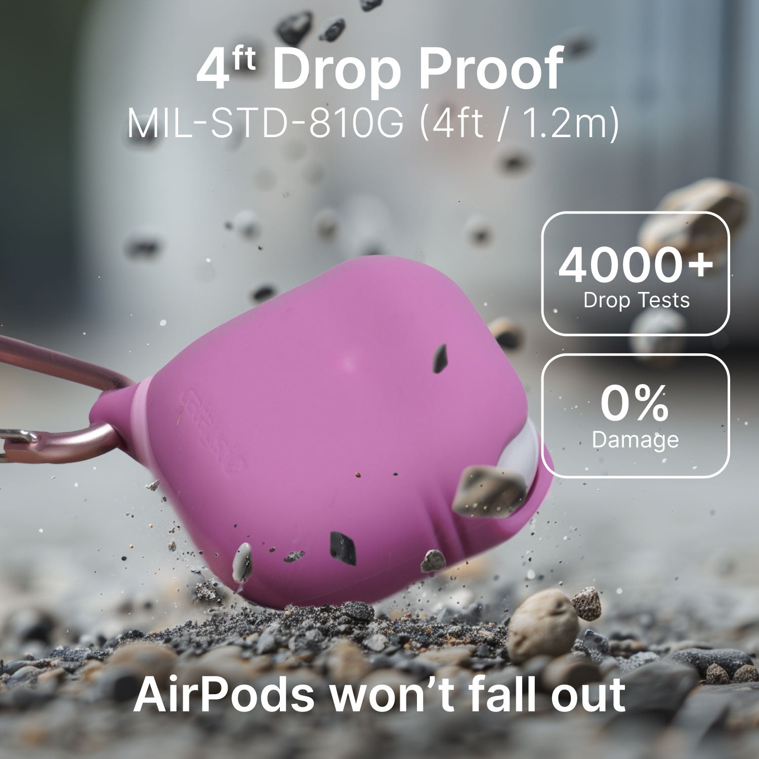 A rugged Cataylst AirPods (Gen 4) - Waterproof case in pink is shown being dropped on a gravel ground, demonstrating its durability with over 4000 drop tests and no damage. Text highlights 4 ft drop proofing.