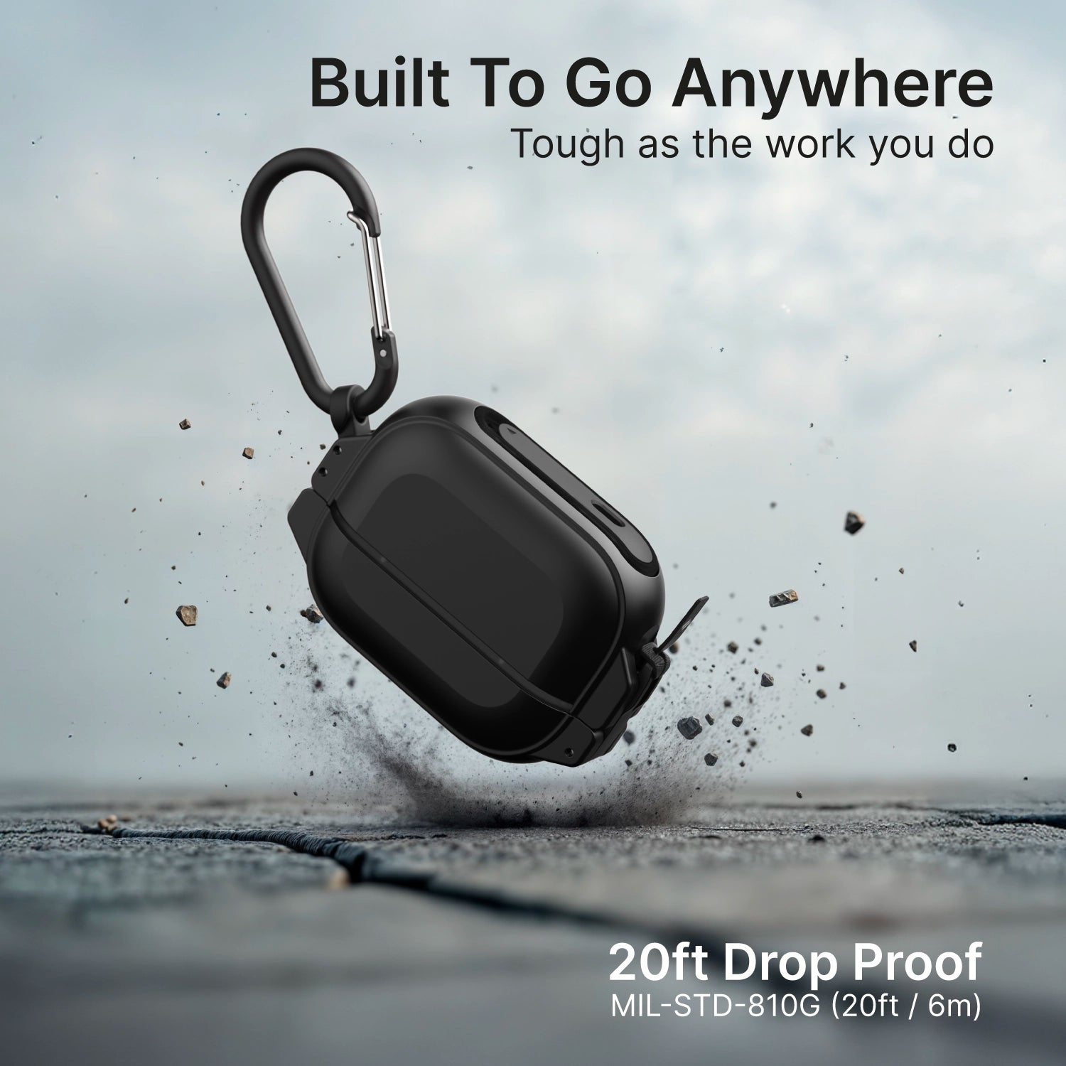 A Catalyst Case US AirPods Pro 3 - 100M Waterproof Total Protection Case + Carabiner is shown falling, scattering dust. Text: "Built To Go Anywhere. Tough as the work you do." Below: "20ft Drop Proof MIL-STD-810G (20ft / 6m).