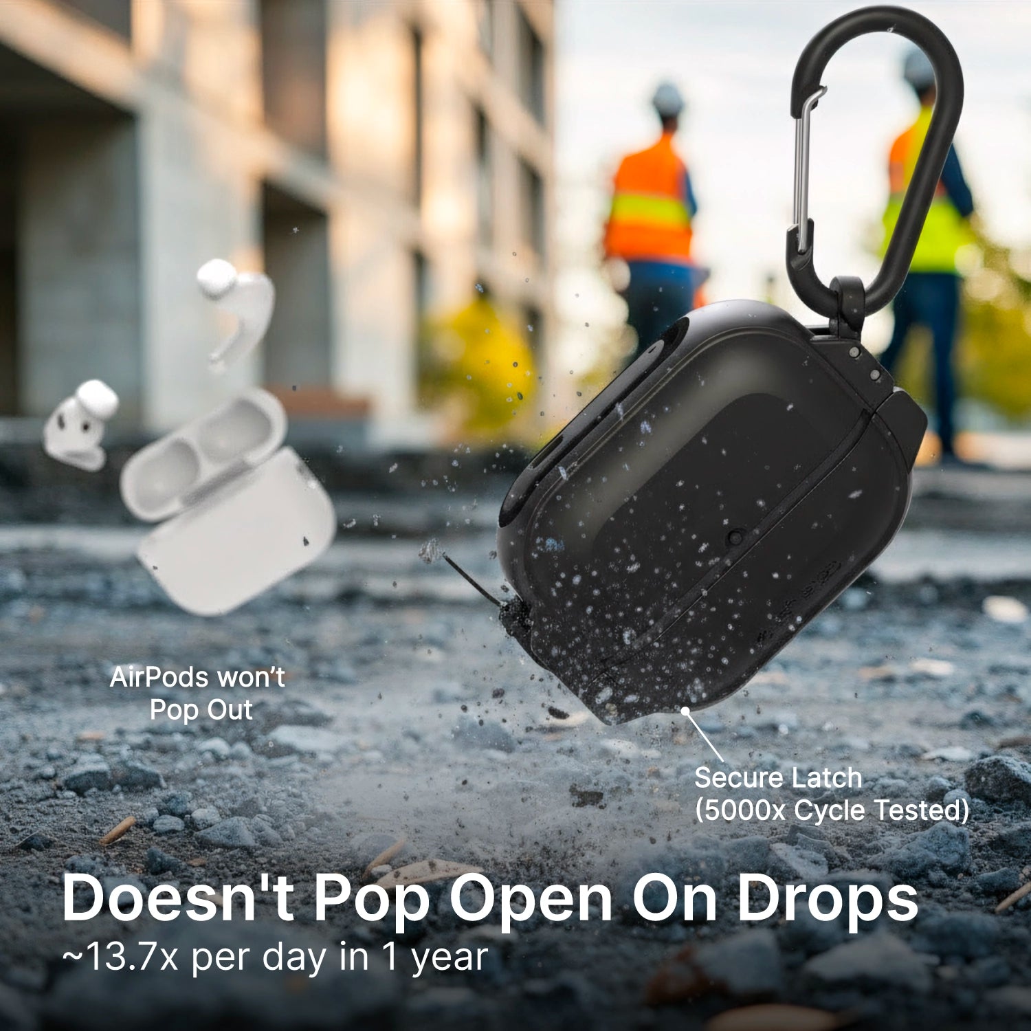 A pair of AirPods falls onto concrete at a construction site. The black Catalyst Case US AirPods Pro 3 - 100M Waterproof Total Protection Case + Carabiner stays secure, while a white case pops open. Workers in vests and helmets appear blurred in the background.