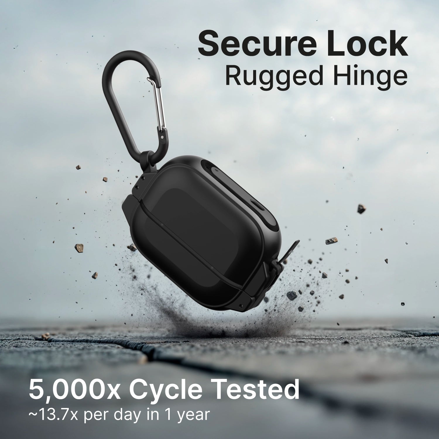 A Catalyst Case US AirPods Pro 3 - 100M Waterproof Total Protection Case + Carabiner lands outdoors, scattering debris. Text reads: “Secure Lock, Rugged Hinge, 5,000x Cycle Tested.” Rugged protection under a cloudy sky.