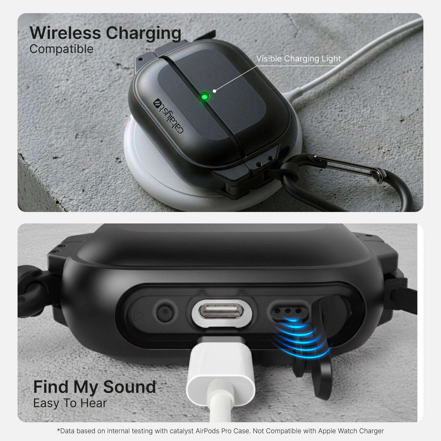 Top: Black Catalyst Case US AirPods Pro 3 - 100M Waterproof Total Protection Case with carabiner on wireless charger; green charging light visible. Bottom: Close-up of MagSafe compatible case’s port, speaker holes, and cable; blue sound waves shown.