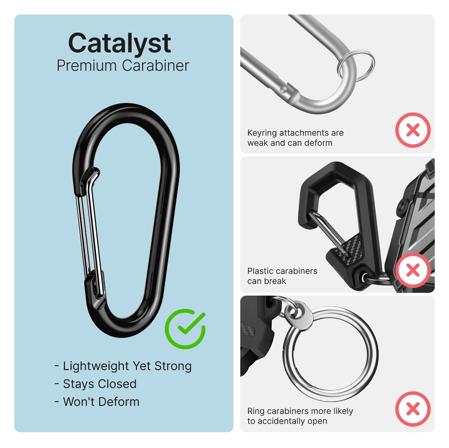 On the left, a black metal carabiner from the Catalyst Case US AirPods Pro 3 - 100M Waterproof Total Protection Case + Carabiner is checked green for being lightweight, strong, and secure; unsafe keyring methods on the right are marked with red Xs.