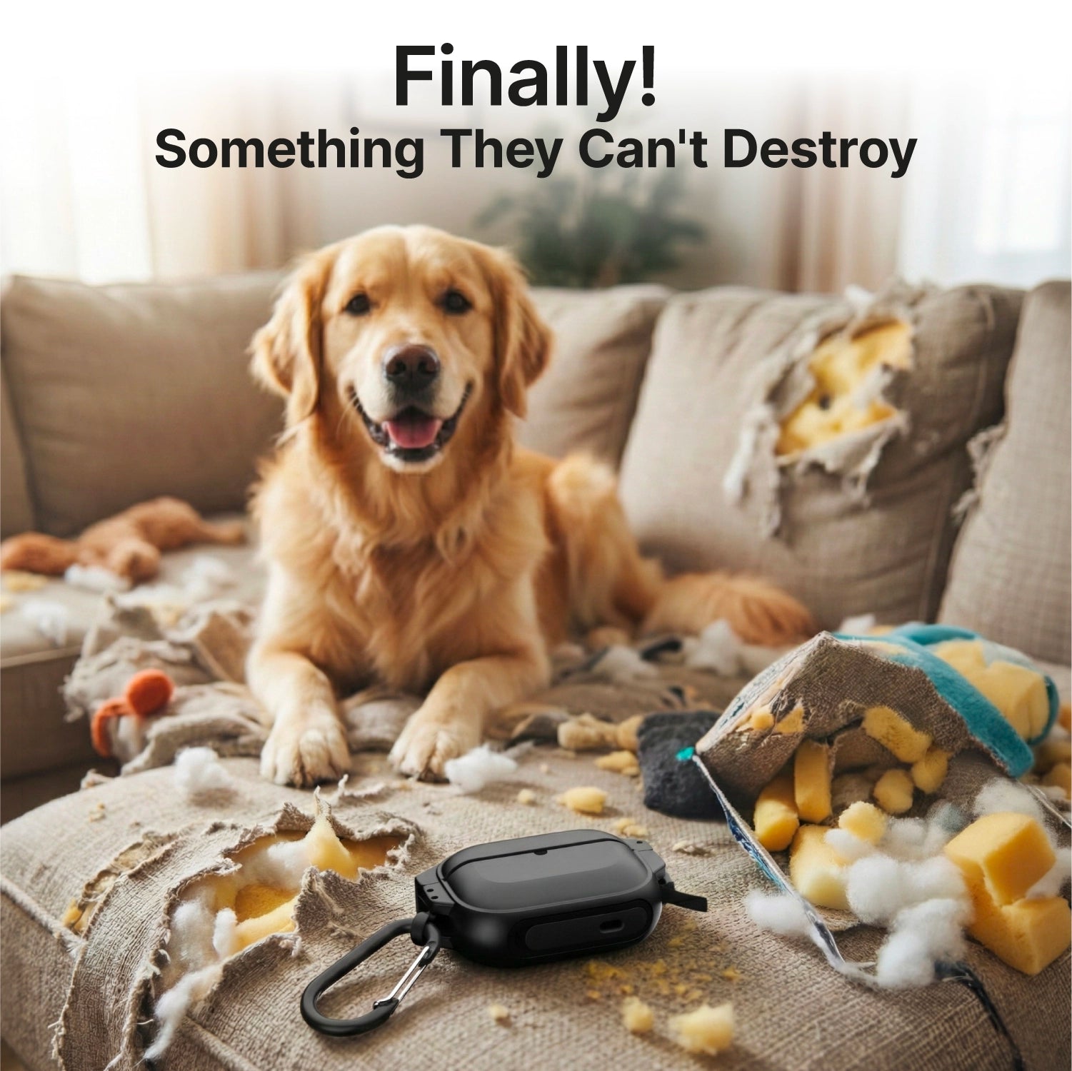 A golden retriever sits on a chewed sofa surrounded by foam and fabric. In front, the Catalyst Case US AirPods Pro 3 - 100M Waterproof Total Protection Case + Carabiner remains intact. Text above reads, “Finally! Something They Can’t Destroy.”.