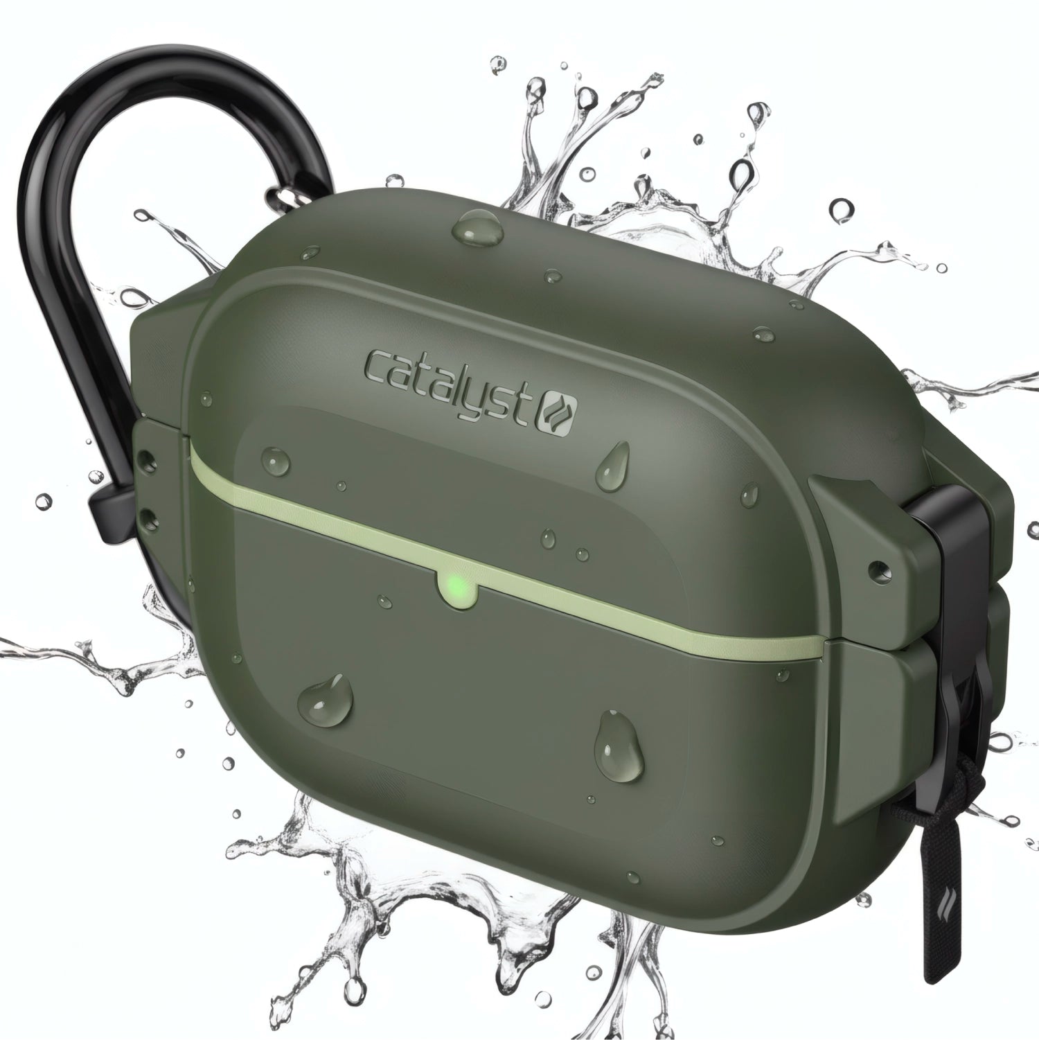 A green glow-in-the-dark Catalyst Case US AirPods Pro 3 100M Waterproof Total Protection Case with a black carabiner attached on the left is shown, featuring water droplets and splashes to highlight its waterproof and drop-proof features.
