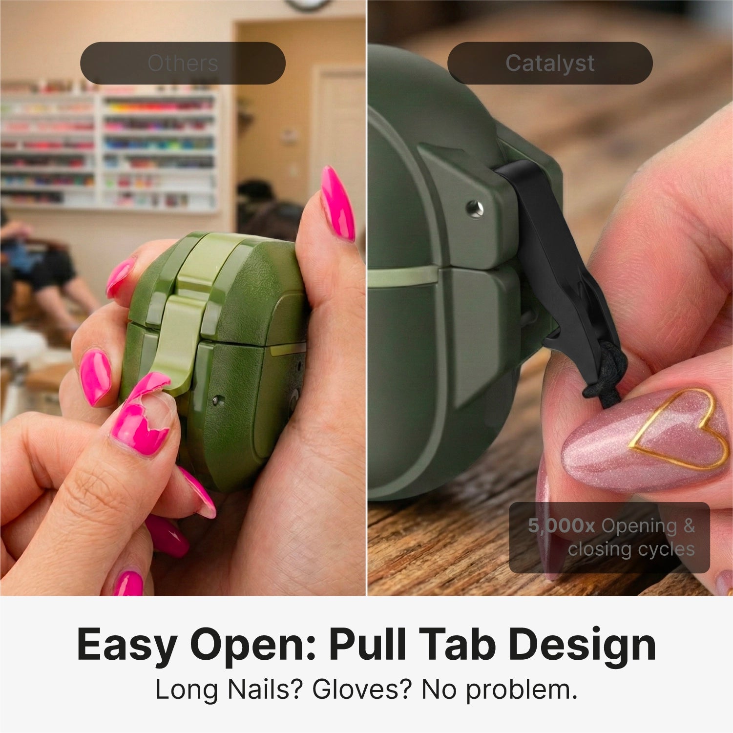 Split screen: hands with long pink nails open green cases. Left side struggles with a small latch; right side easily lifts a large black pull tab labeled “Catalyst.” Text: “Easy Open Pull Tab. AirPods Pro 3, 100M Waterproof, MagSafe case by Catalyst Case US.”.