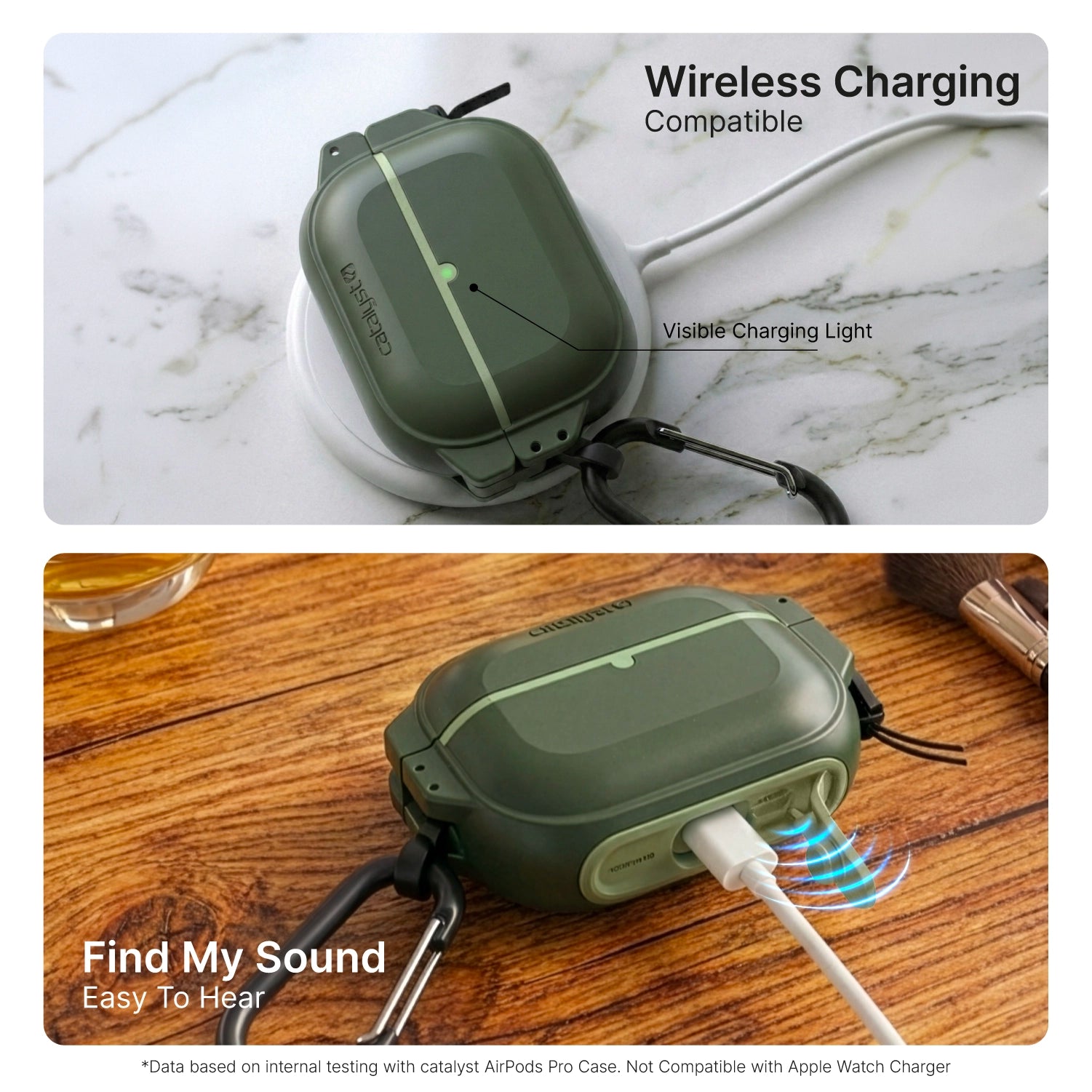 The image features two green Catalyst Case US AirPods Pro 3 - 100M Waterproof Total Protection Cases with Carabiner, one highlighting MagSafe wireless charging, the other showing military-grade drop protection and wired charging.