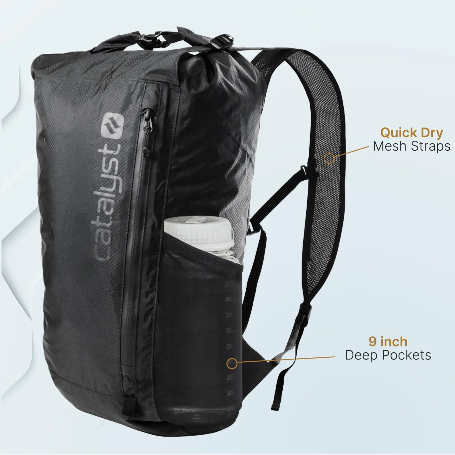 The Catalyst Case US Waterproof 20L Backpack in black features quick-dry mesh shoulder straps and a 9-inch deep side pocket (shown holding a large white water bottle) against a light blue background. Labels highlight its key features.