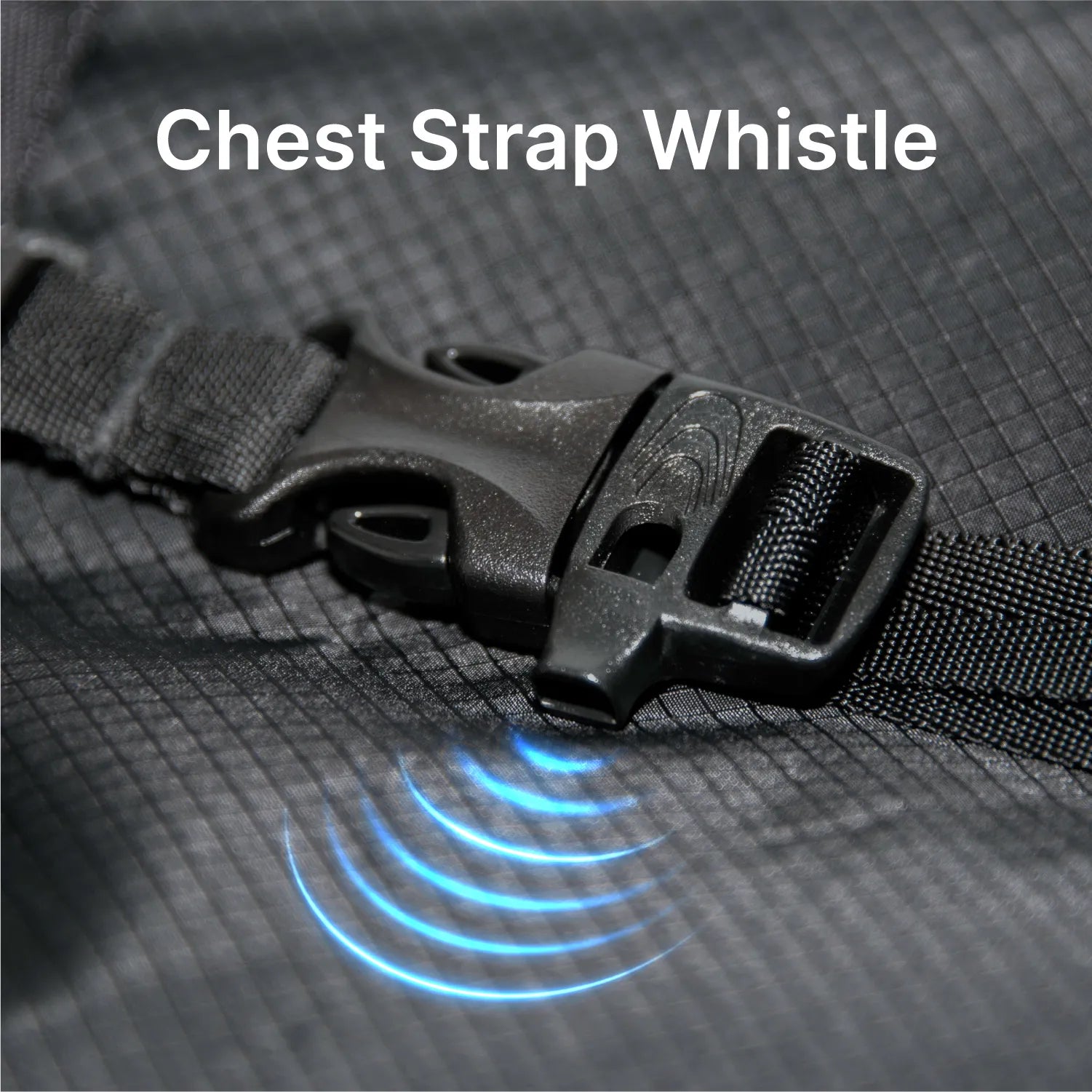 Close-up of a black plastic chest strap buckle on the Waterproof 20L Backpack by Catalyst Case US. "Chest Strap Whistle" appears above, with blue sound waves near the buckle, highlighting its built-in whistle feature.