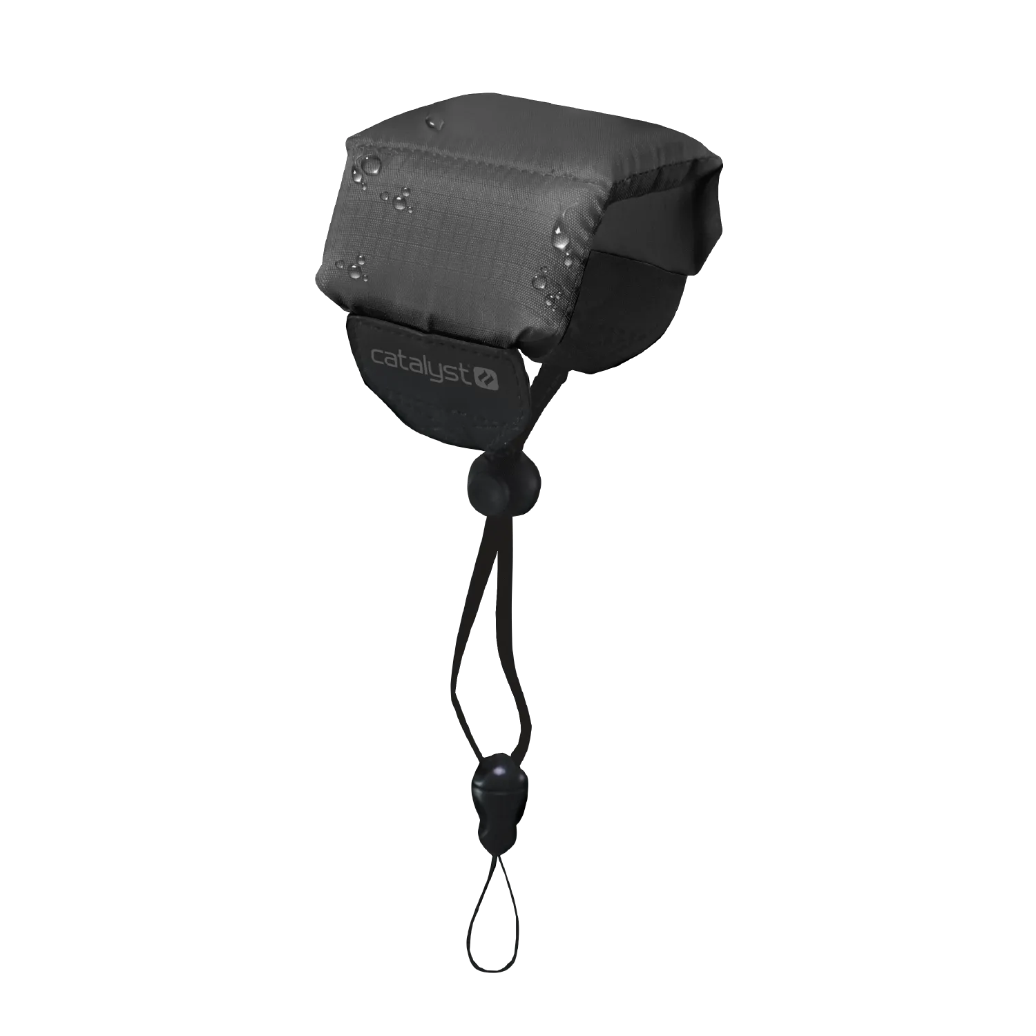 A Stealth Black Floating Lanyard by Catalyst Case US, featuring padding, a drawstring with toggle and clasp for secure attachment, sits against a plain background. The front displays the white "catalyst" logo. Water droplets are visible on the surface.