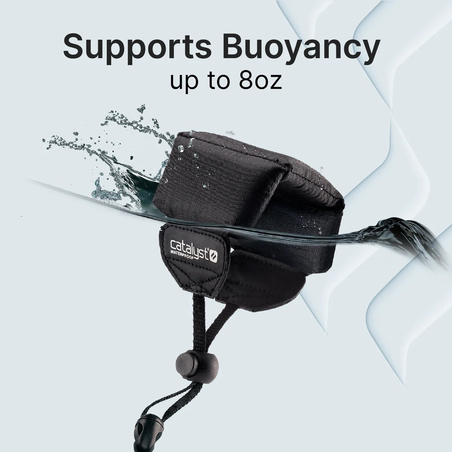 A Catalyst Case US Floating Lanyard - Stealth Black is partially submerged in water with splashes. Above, the text reads "Supports Buoyancy up to 8oz." The backdrop features a light blue color with abstract water patterns on the right.