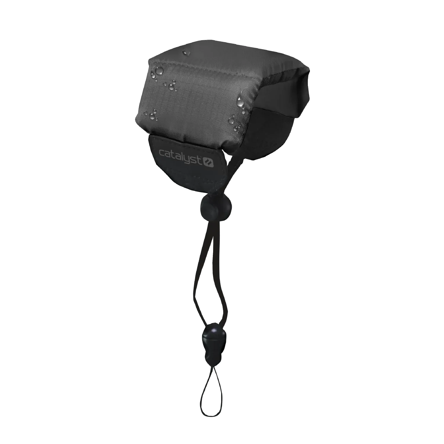 A Stealth Black Floating Lanyard by Catalyst Case US, featuring padding, a drawstring with toggle and clasp for secure attachment, sits against a plain background. The front displays the white "catalyst" logo. Water droplets are visible on the surface.