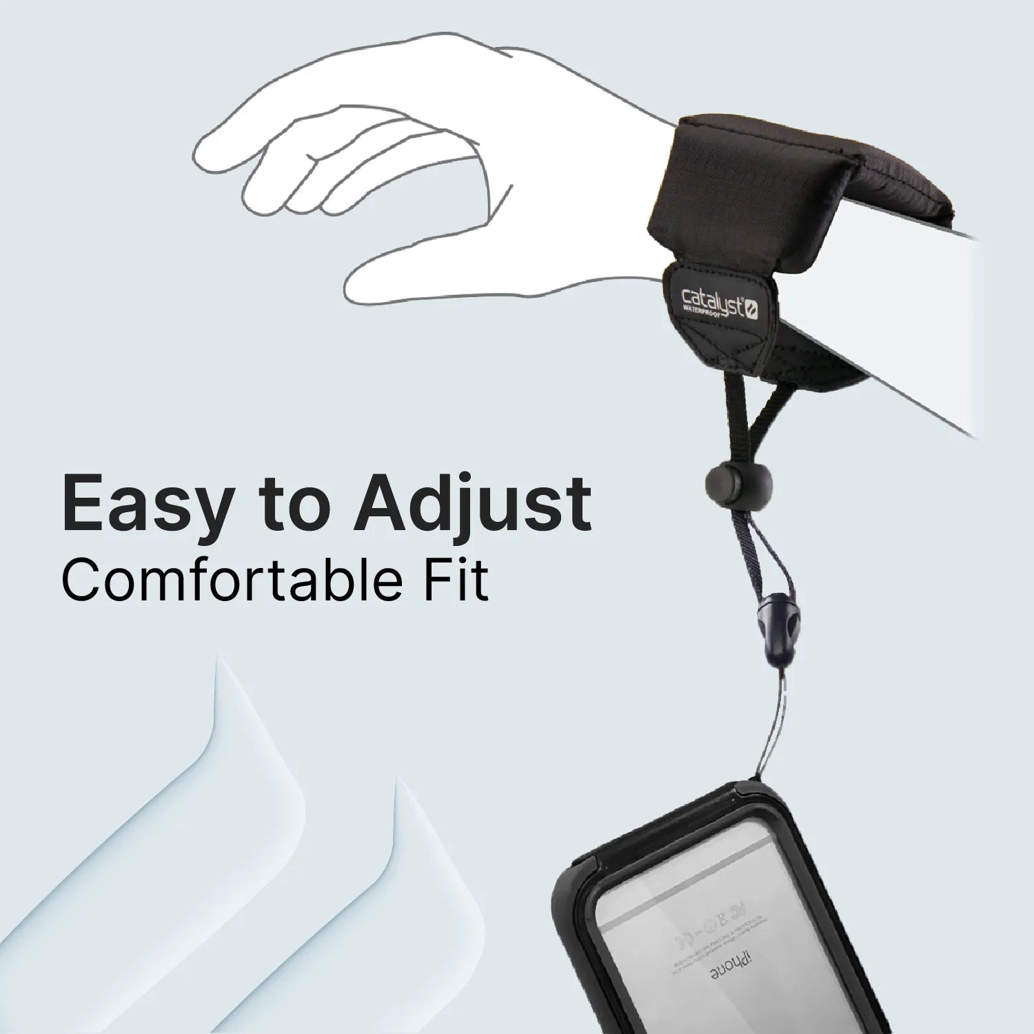 A diagram shows a hand wearing Catalyst Case US's Floating Lanyard - Stealth Black, attached to a phone case by a cord. The lanyard has an adjustable toggle and the text reads: ÃƒÂ¢Ã¢â€šÂ¬Ã…â€œEasy to Adjust, Comfortable Fit.ÃƒÂ¢Ã¢â€šÂ¬Ã‚Â Blue lines highlight comfort.