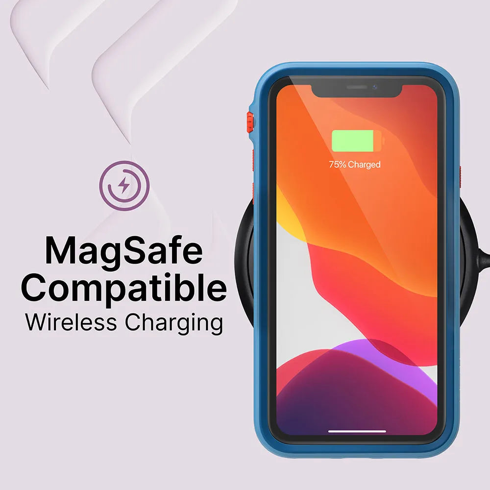 An iPhone 11 in a blue Catalyst Case US Impact Protection Case shows a 75% charged battery while wirelessly charging, on a light gray background with “MagSafe Compatible Wireless Charging” beside a circular charging symbol.