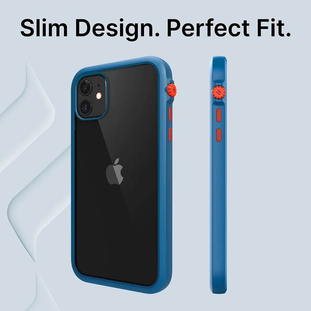 The iPhone 11 is shown with a blue and red Catalyst Case US Impact Protection Case, displayed from the back and side against a light background. Text above reads “Slim Design. Perfect Fit.” The case frames the phone's Apple logo and dual cameras.