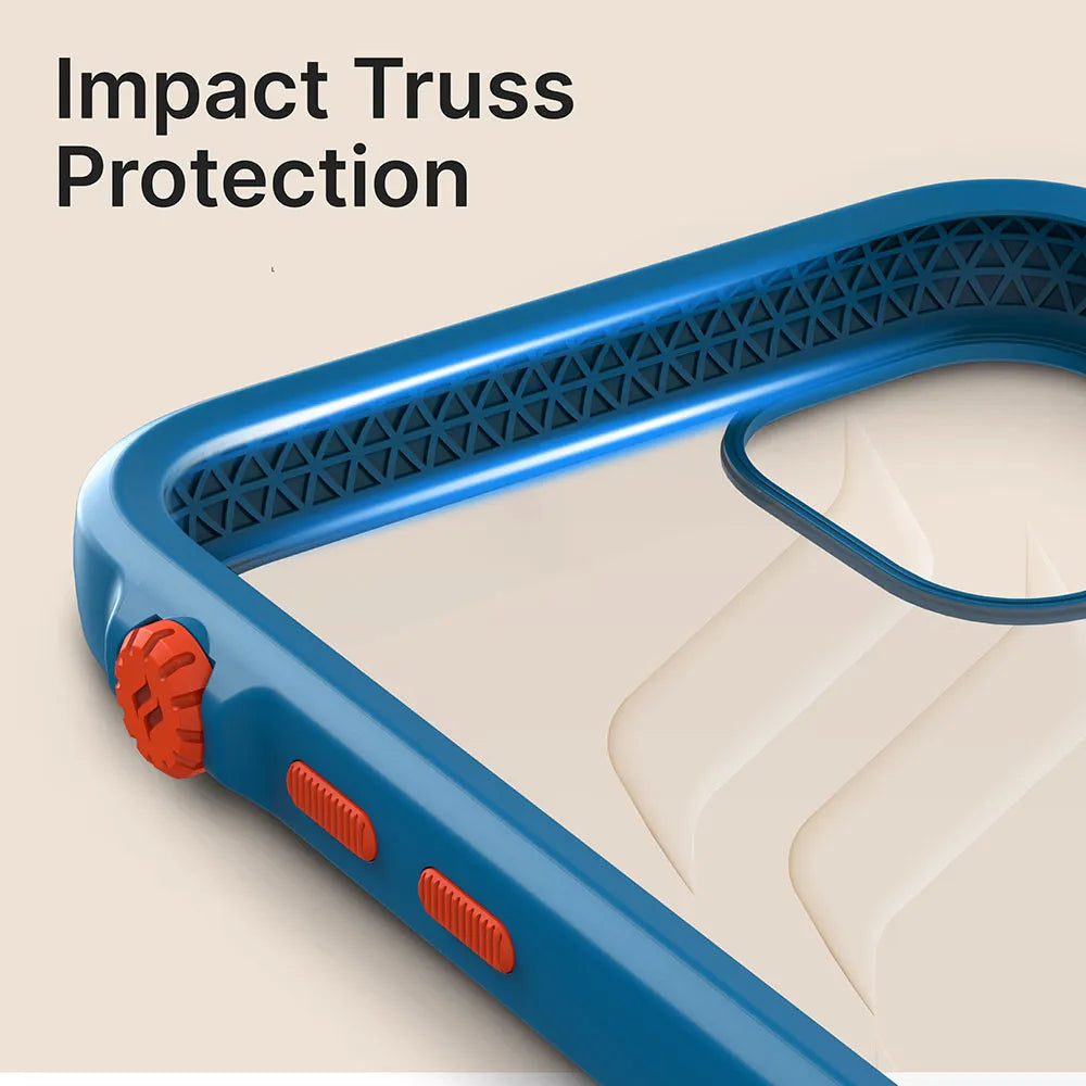 Close-up of Catalyst Case US iPhone 11 - Impact Protection Case shows textured inner edges, red buttons, and reinforced camera cutout. "Impact Truss Protection" in black text emphasizes the case's durable design on a beige background.