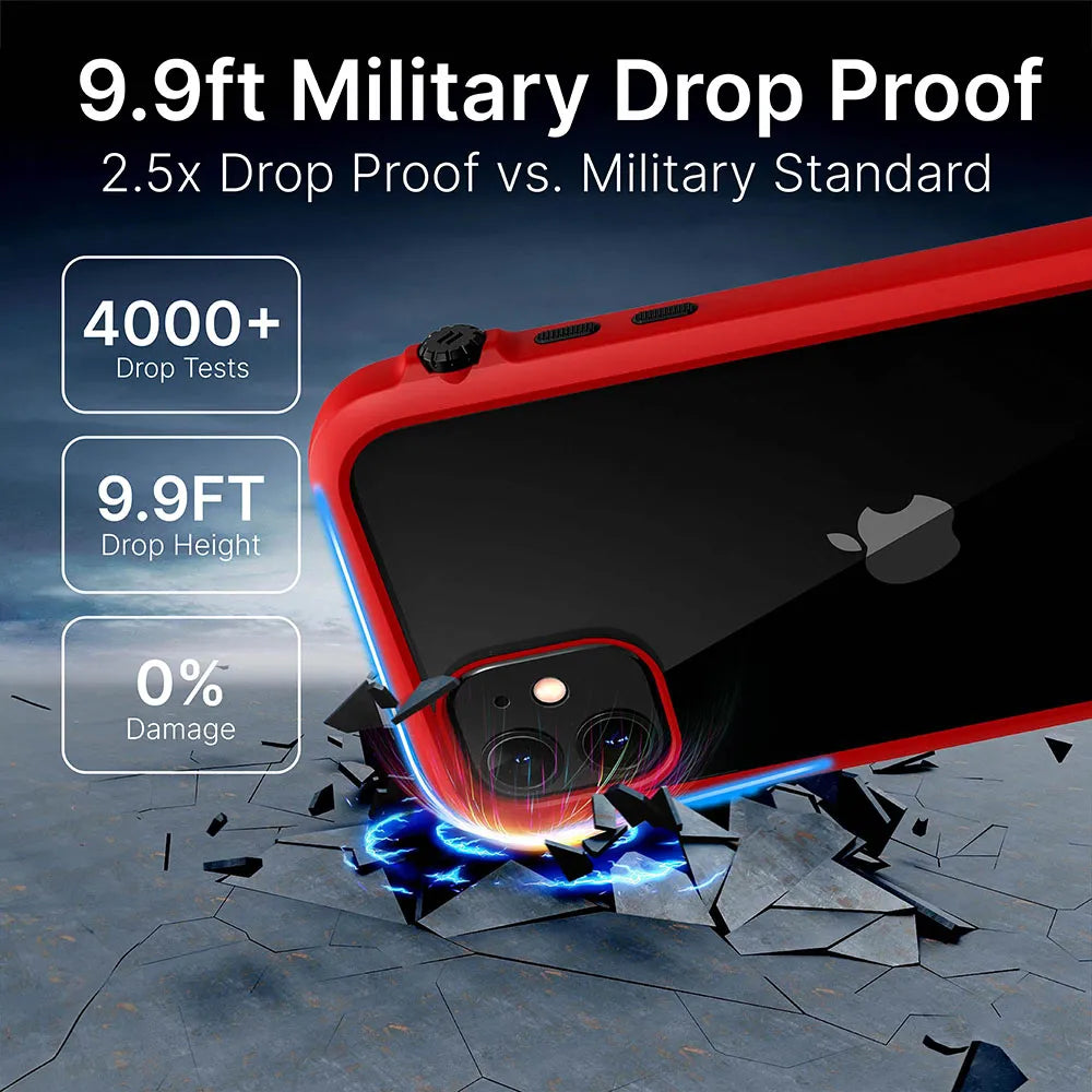 The Catalyst Case US iPhone 11 Impact Protection Case is shown in red and black, surviving a drop with "9.9ft Military Drop Proof," "2.5x Drop Proof vs. Military Standard," "4000+ Drop Tests," and "0% Damage" displayed onscreen.