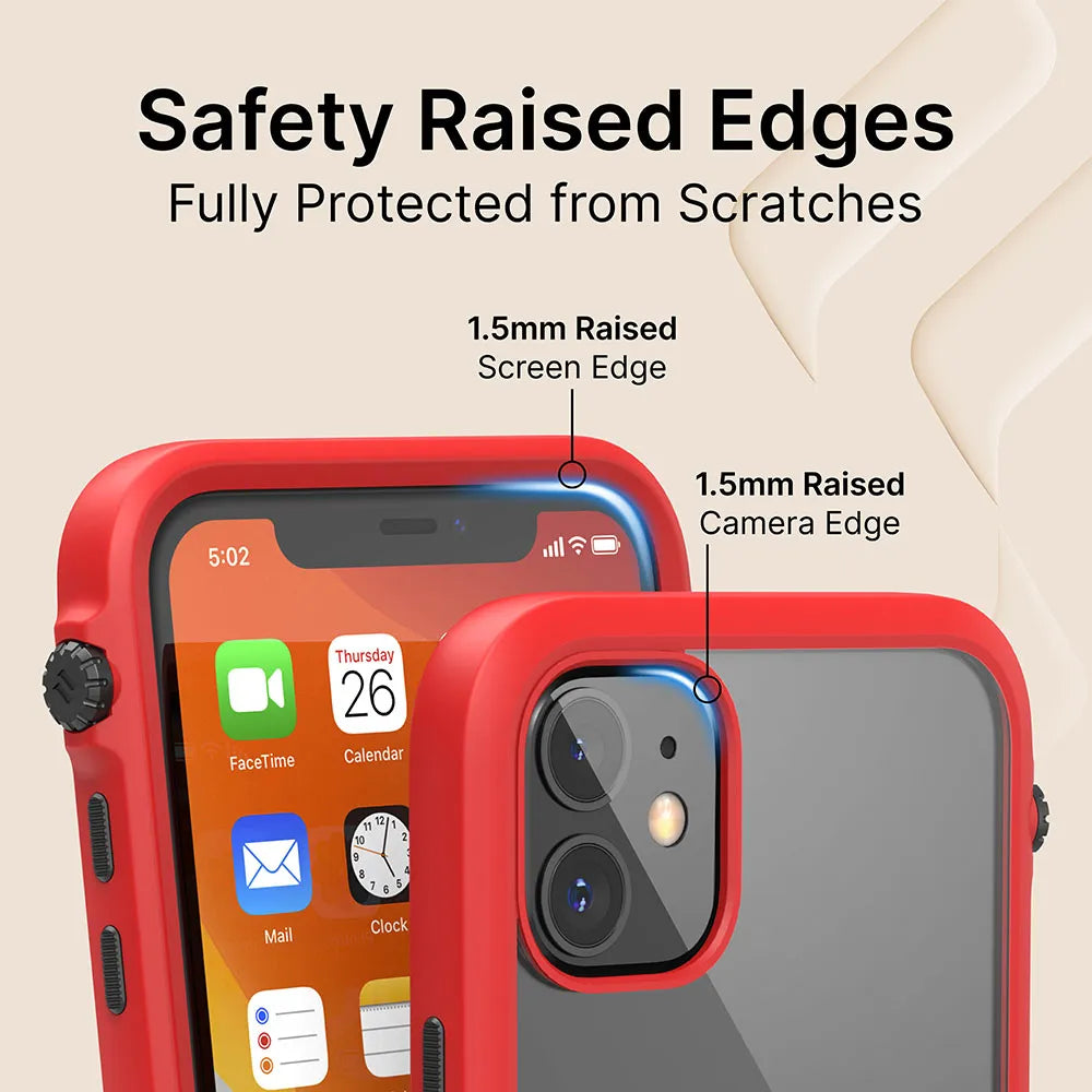 A Catalyst Case US Impact Protection Case in red on an iPhone 11 shows 1.5mm raised screen and camera edges for scratch protection, with the screen displaying apps and date. Text above reads: "Safety Raised Edges, Fully Protected from Scratches.
